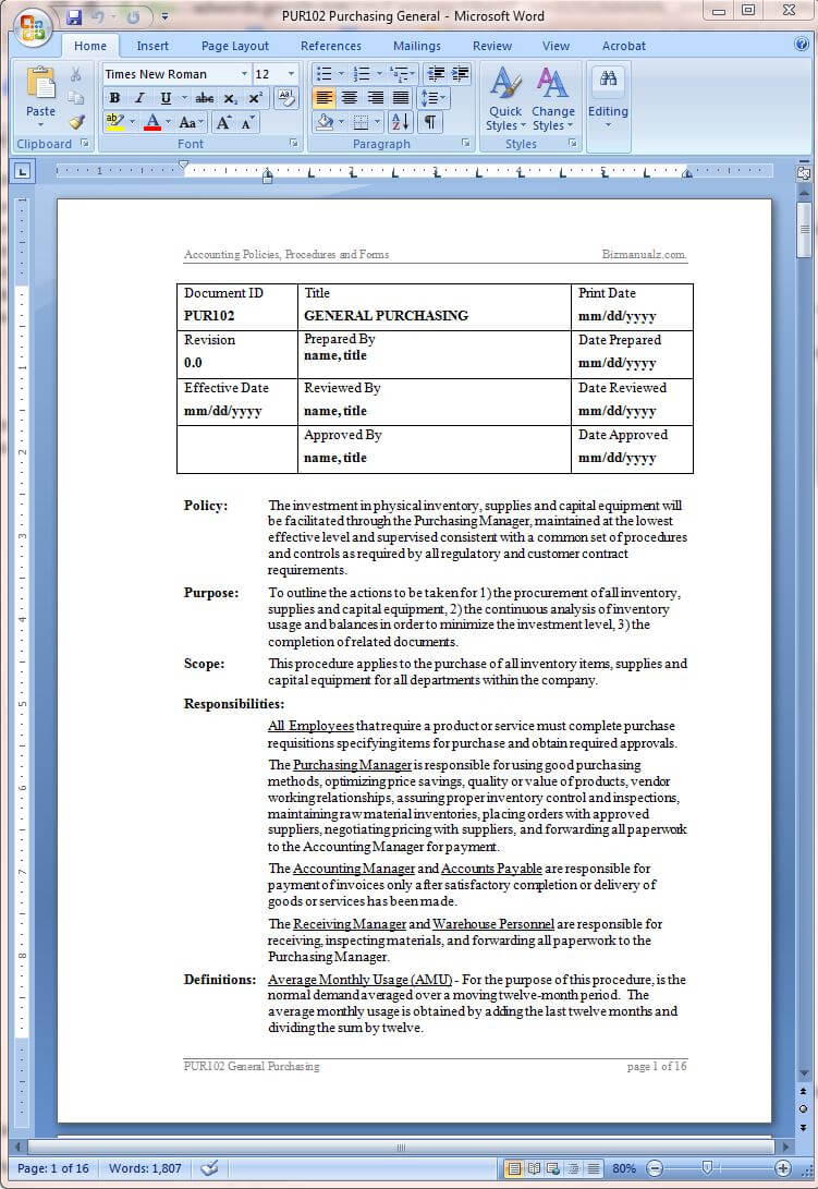 Procurement Policy And Procurement Procedure Template Throughout Procedure Manual Template Word Free