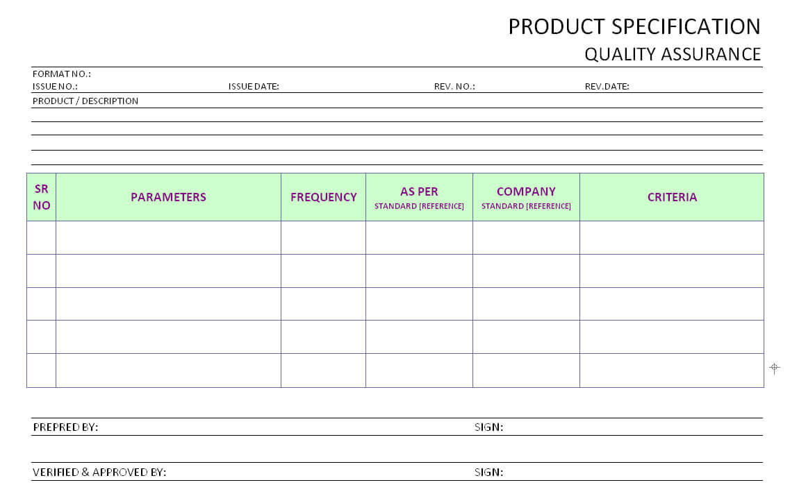 Product Specification – Quality Assurance – In Report Specification Template