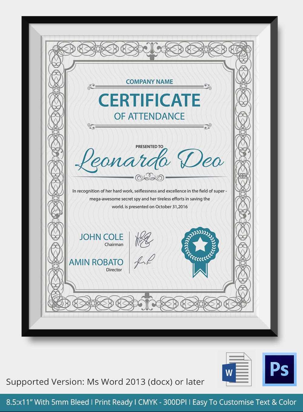 Professional Editable Certificate Of Attendance Template With Regard To Professional Certificate Templates For Word