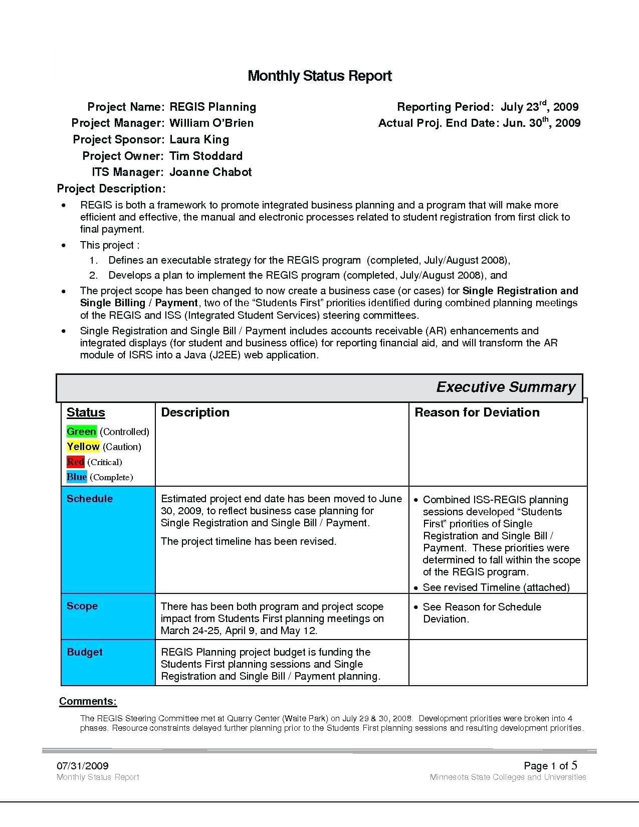 Project Management Status Report Template Reports Format Inside Project Monthly Status Report Template