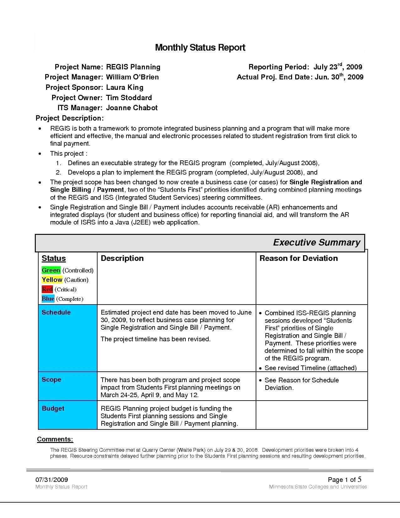 Project Management Status Report Template Reports Format Inside Project Monthly Status Report Template