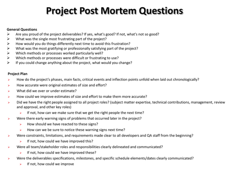 Project Post Mortem Questions pertaining to Post Mortem Template