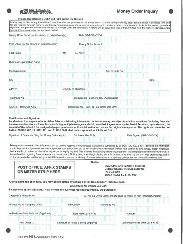 Ps Form 6401 Money Order Inquiry – Fill Online, Printable With Regard To Blank Money Order Template