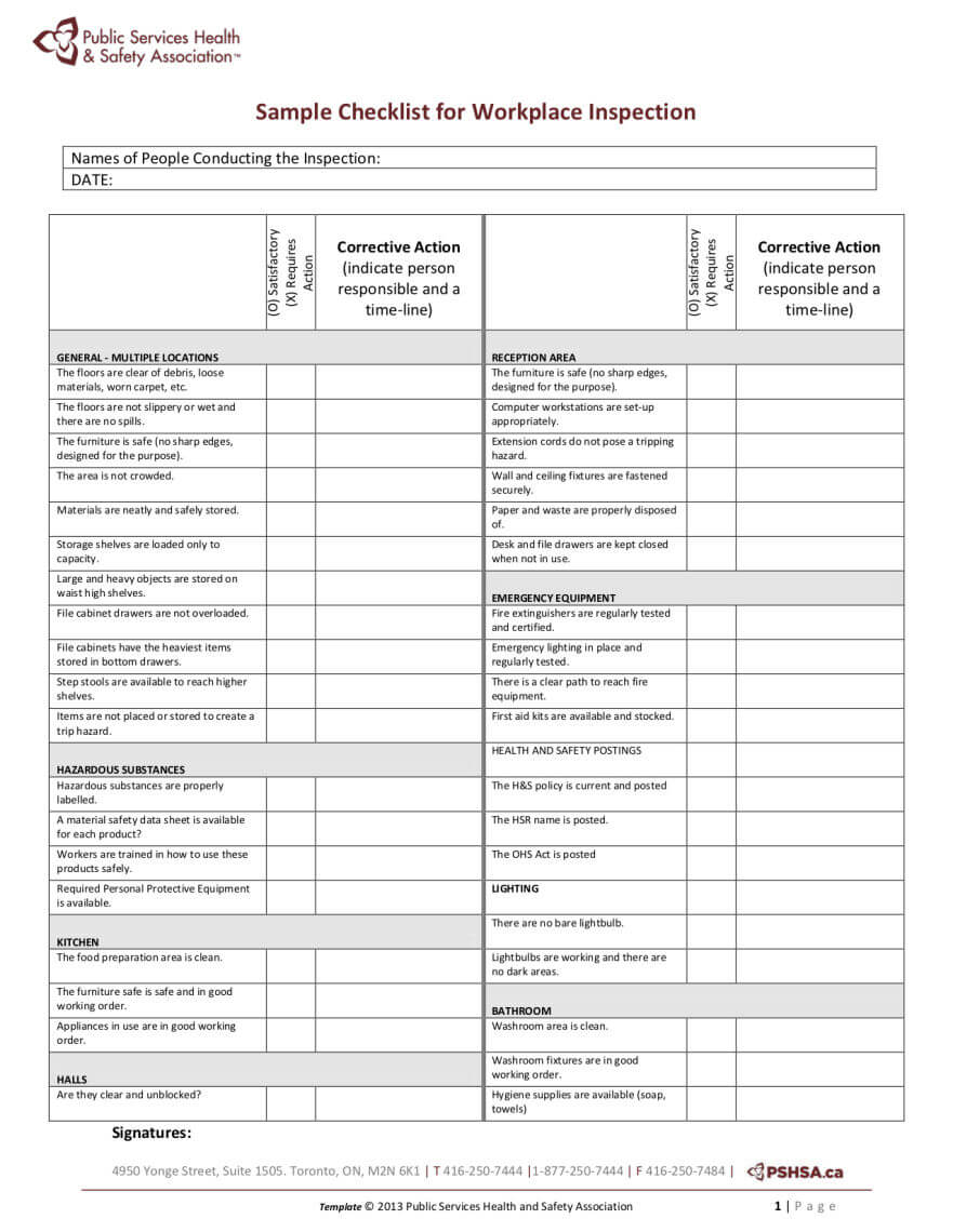 Pshsa | Sample Workplace Inspection Checklist For Ohs Monthly Report Template