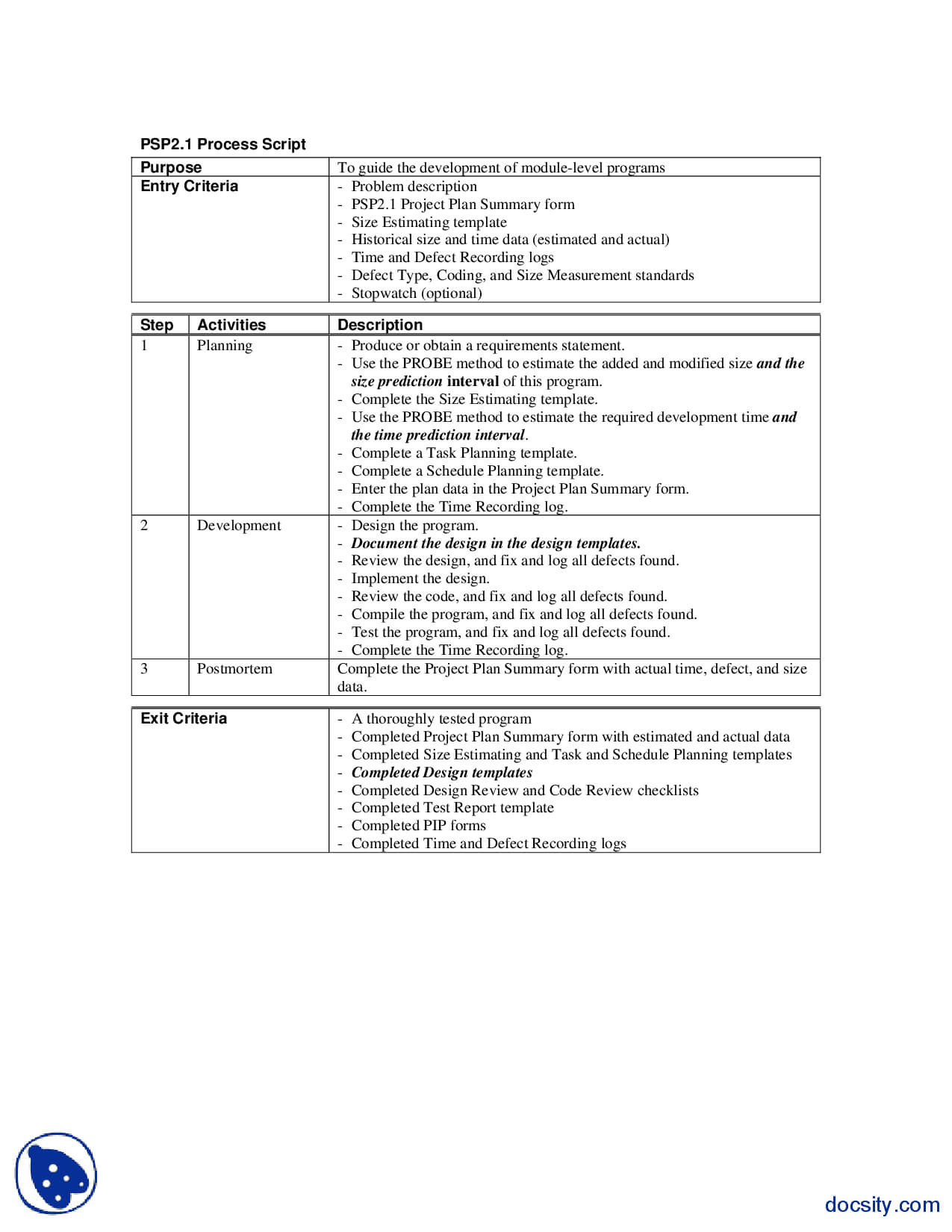 Psp2.1 Process Script, Codes And Instructions Software With Regard To Test Exit Report Template