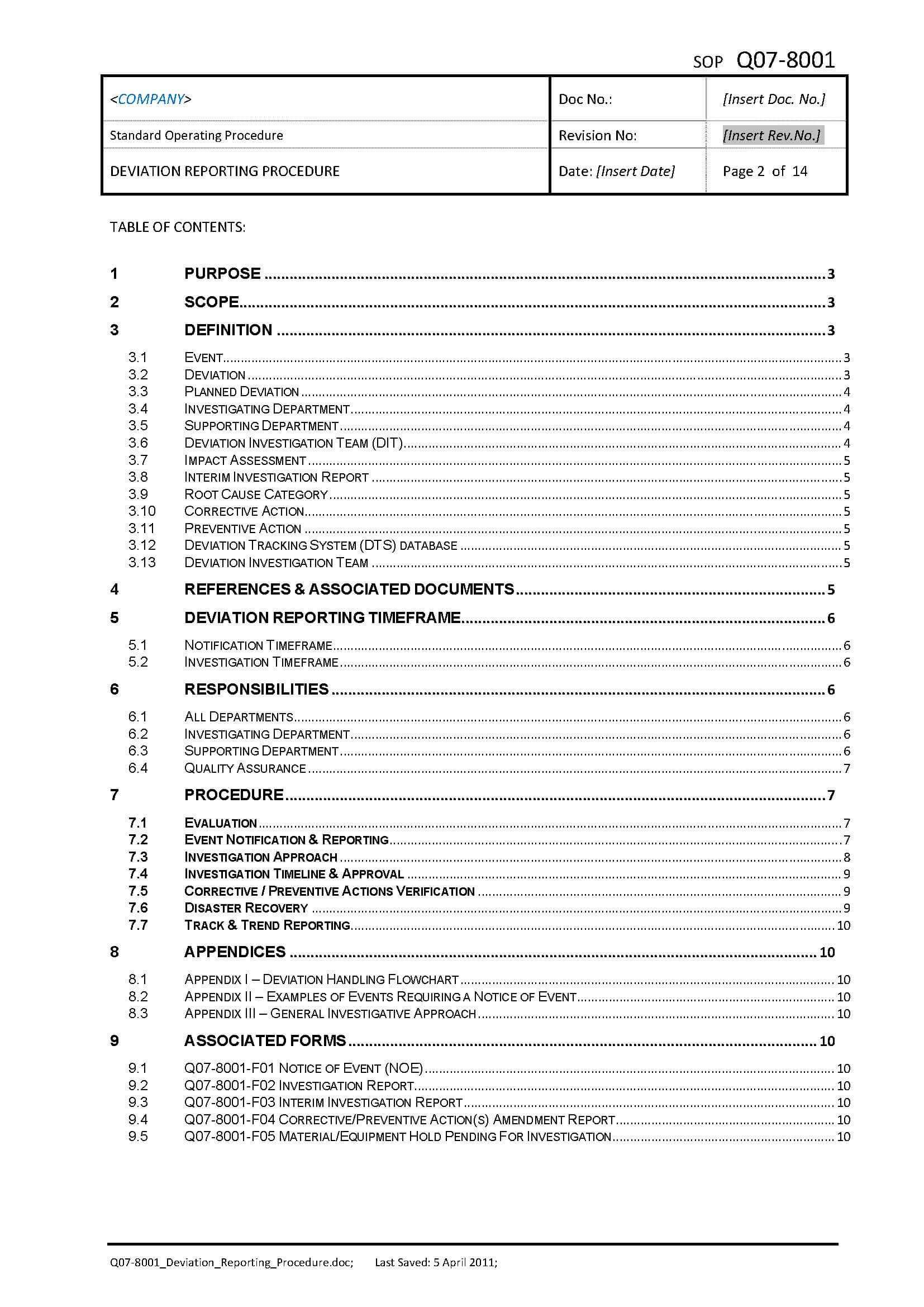 Q07 8001 Deviation Reporting Procedure – Gmp Templates With Deviation Report Template