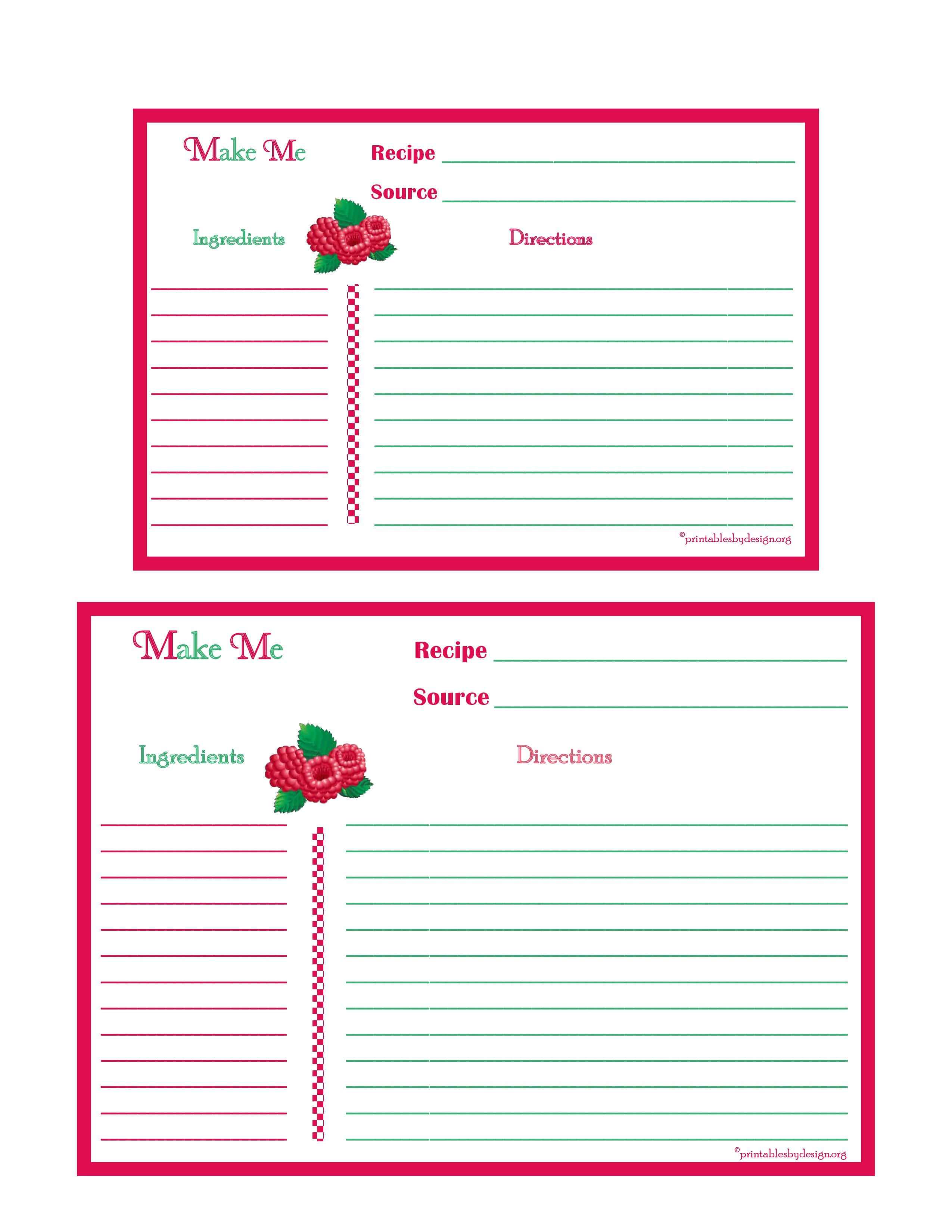 Raspberries Recipe Card – 4X6 & 5X7 Page | Recipe Keepers With 4X6 Photo Card Template Free