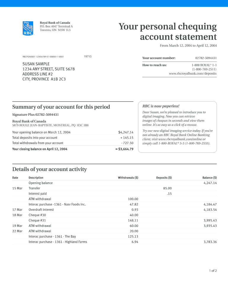 Rbc Bank Statement Psd – Fill Online, Printable, Fillable With Blank Bank Statement Template Download