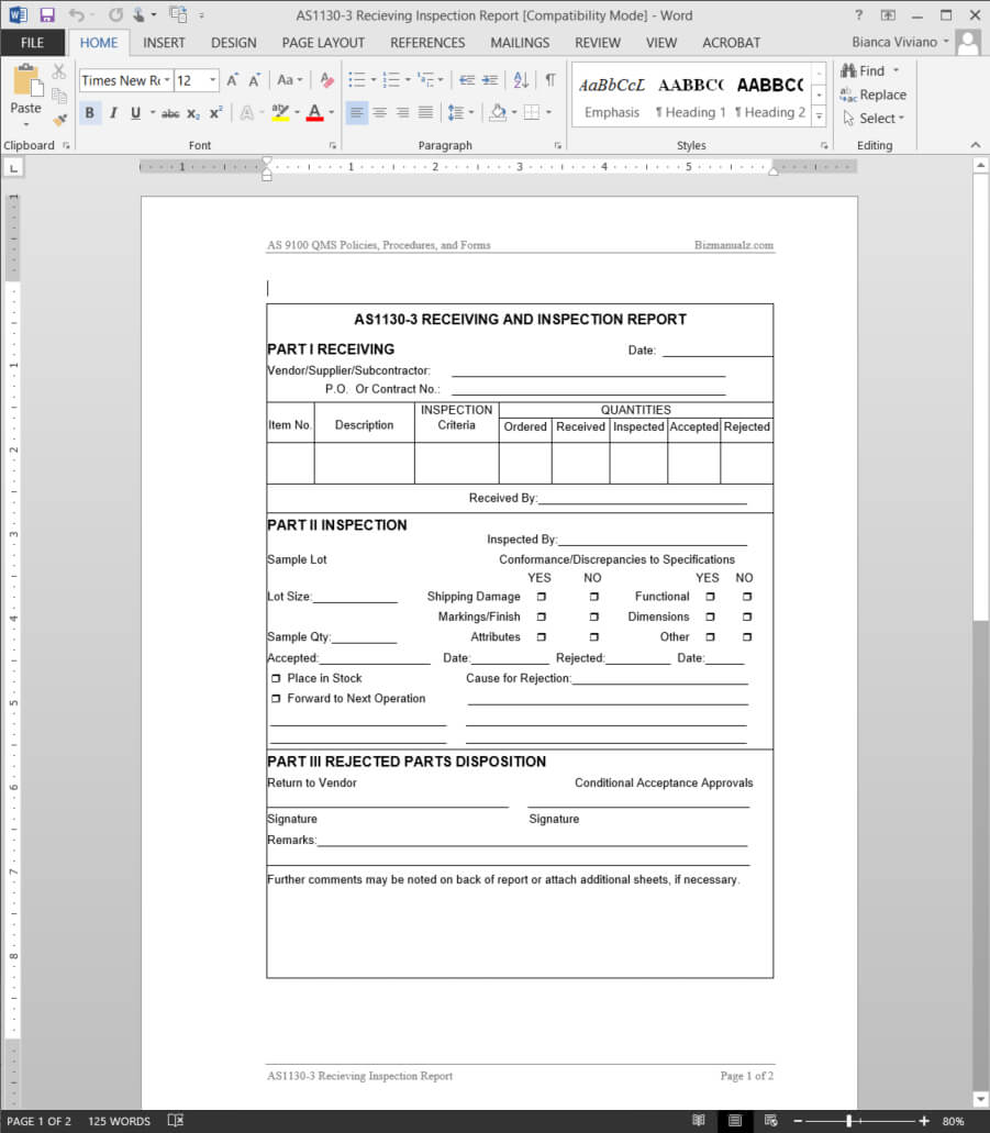 Receiving Inspection Report As9100 Template | As1130 3 Within Part Inspection Report Template