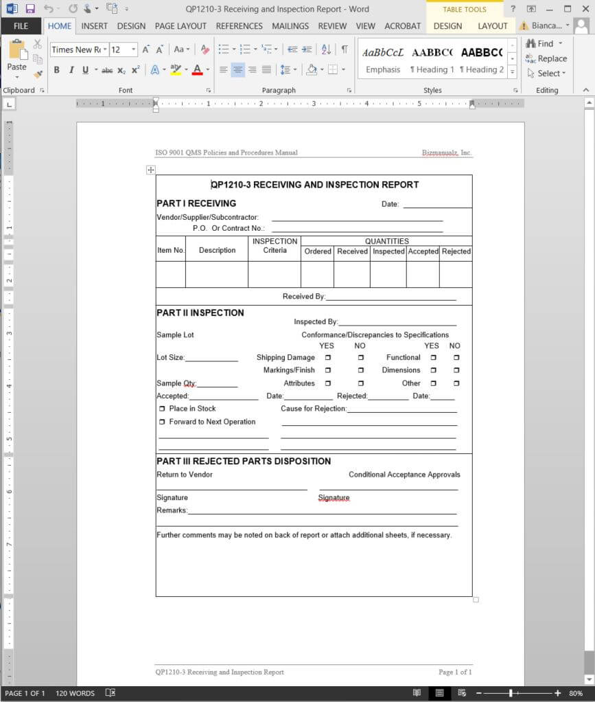 Receiving Inspection Report Iso Template | Qp1210 3 Inside Part Inspection Report Template