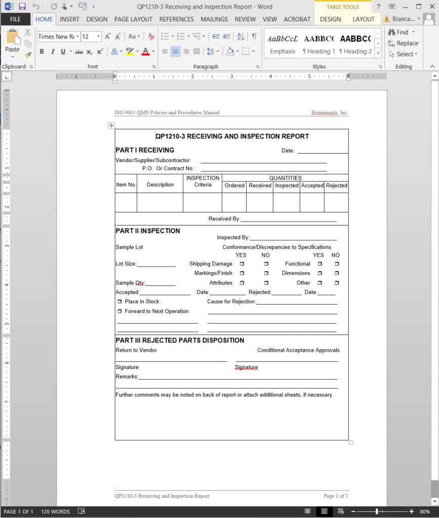 Receiving Inspection Report Iso Template | Qp1210 3 Inside Part Inspection Report Template