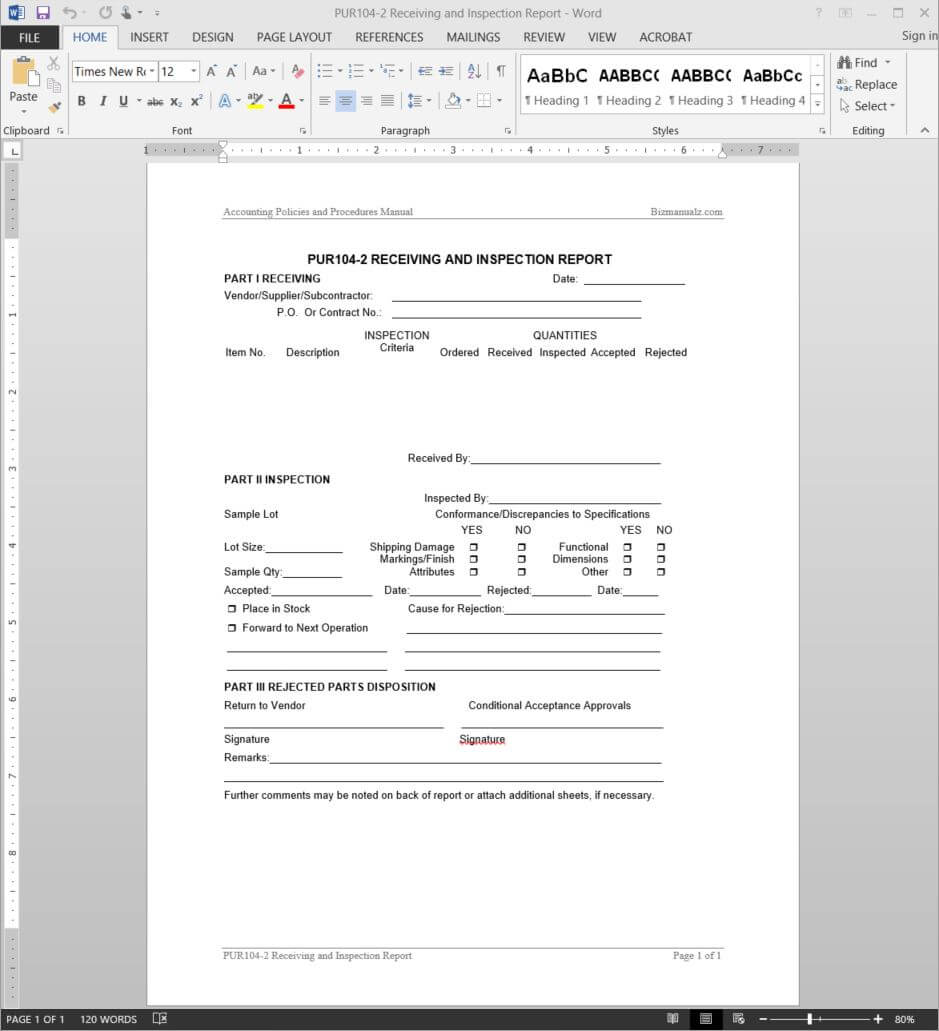 Part Inspection Report Template