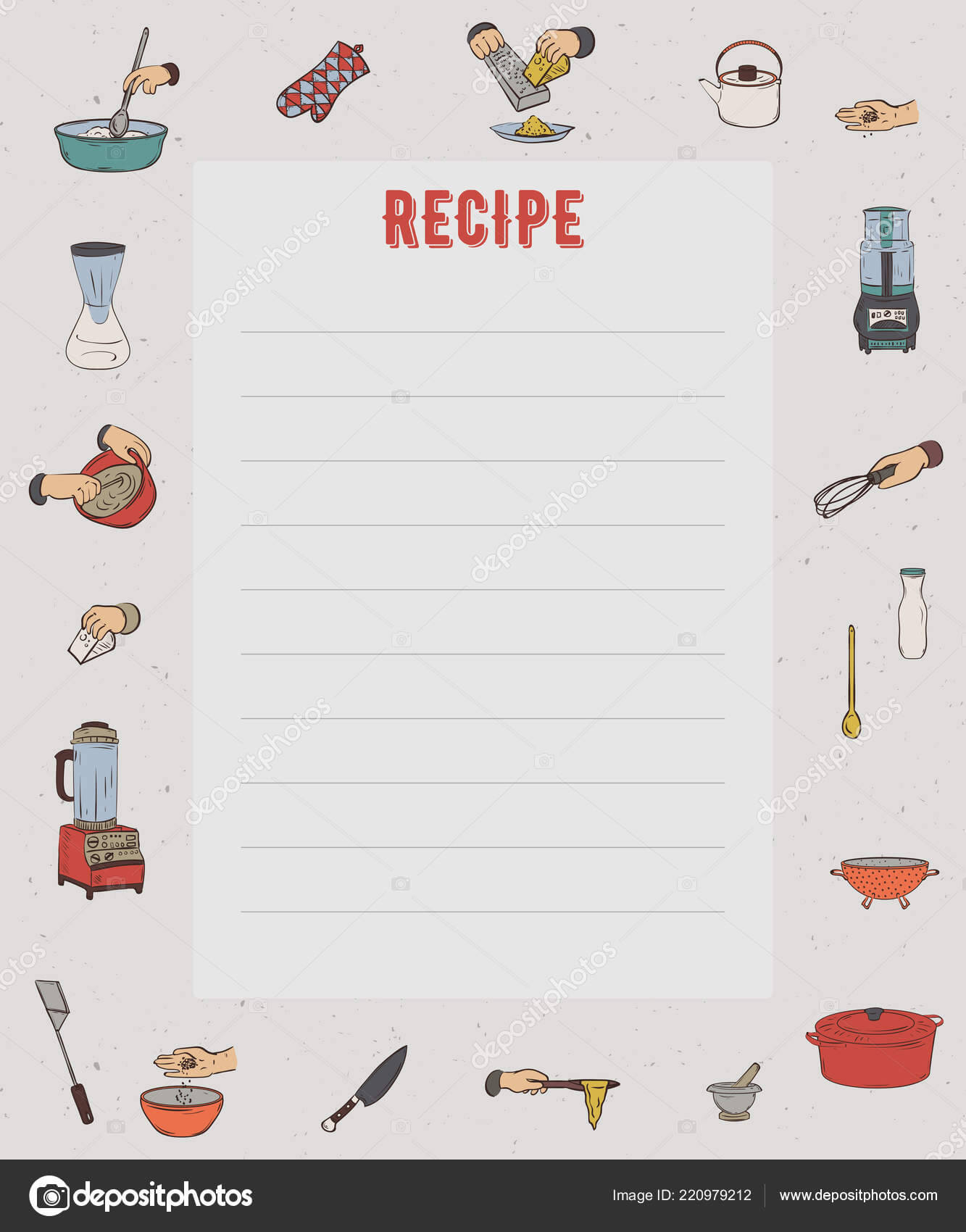 Recipe Card Cookbook Page Design Template Kitchen Utensils With Regard To Restaurant Recipe Card Template
