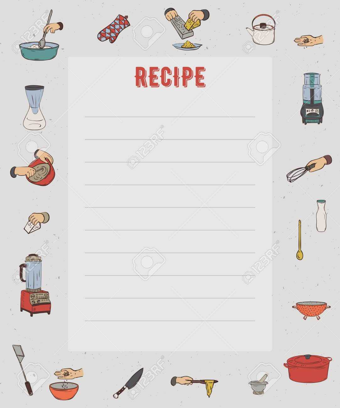 Recipe Card. Cookbook Page. Design Template With Kitchen Utensils.. For Recipe Card Design Template