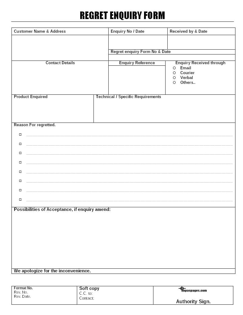 Regret Enquiry Form Format Pertaining To Enquiry Form Template Word