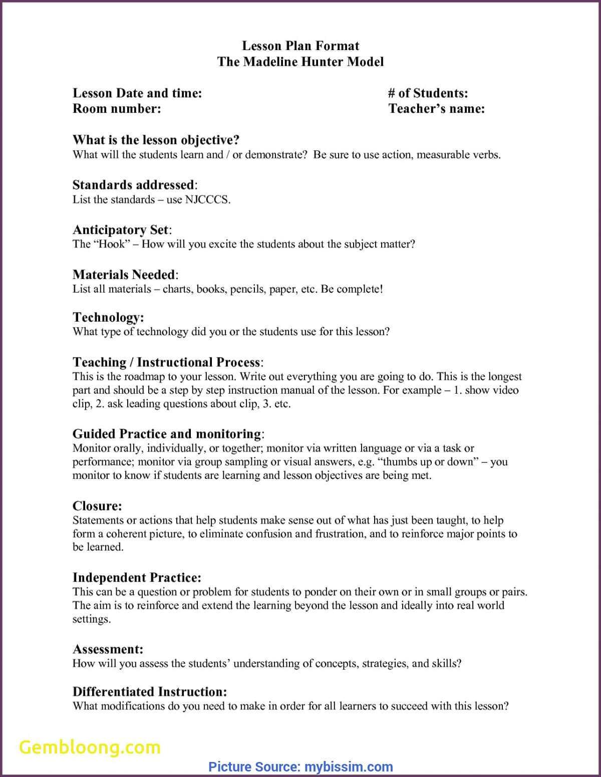 Regular Madeline Hunter Lesson Plan Format Example Elegant 5 With Madeline Hunter Lesson Plan Blank Template