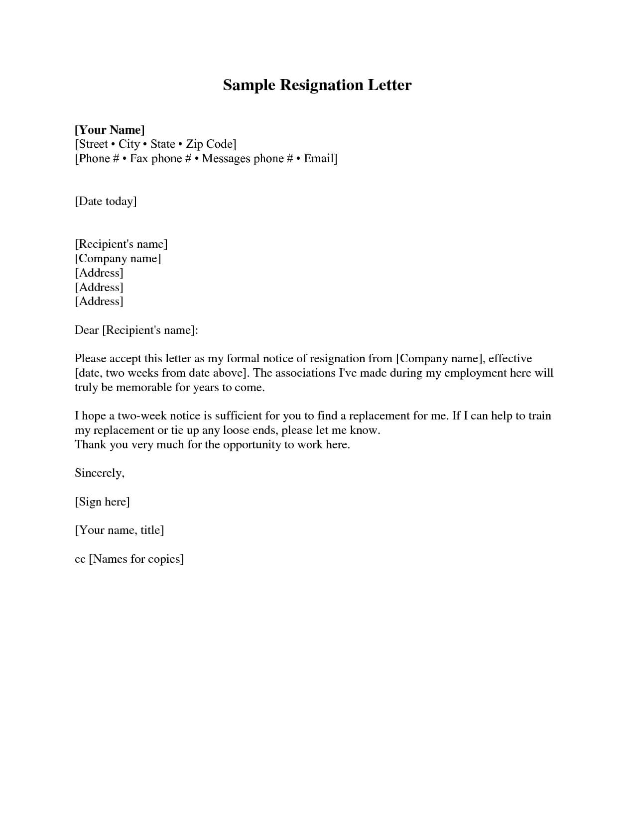 Resignation Letter 2 Weeks Notice Resignation Letter Within Two Week Notice Template Word