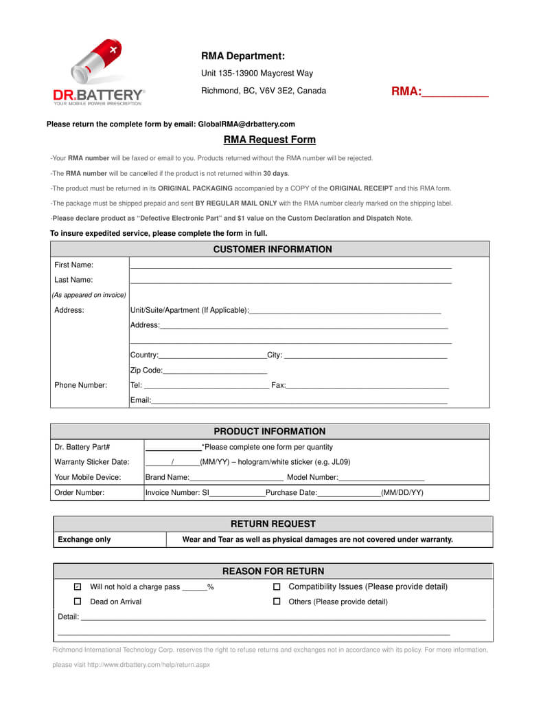 Rma Department: Rma:       Rma Request Form Regarding Rma Report Template