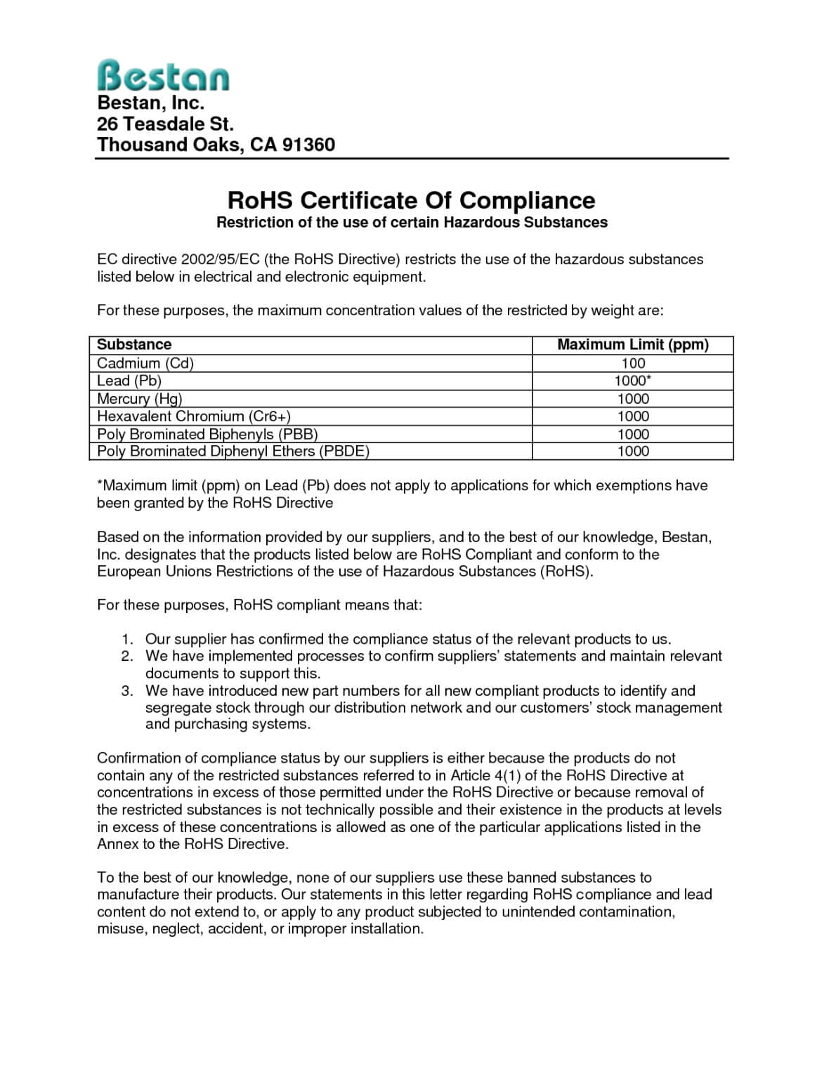 Rohs Certificate Of Compliance (Certificate Of Compliance Intended For Certificate Of Compliance Template