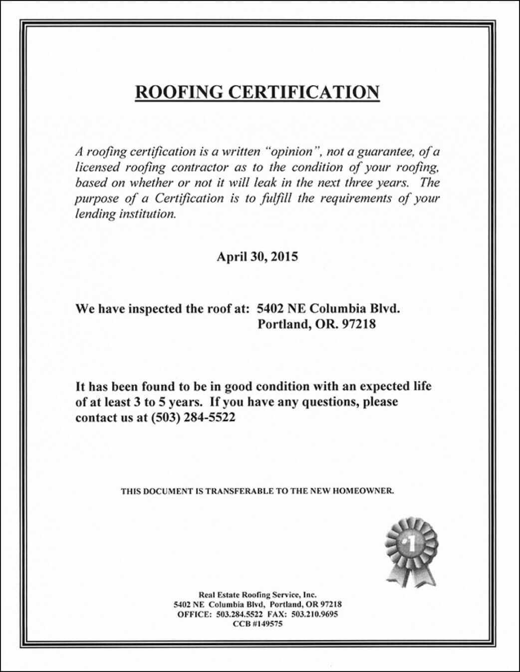 Roofing Certificate Of Completion Template Lovely Roof Throughout Roof Certification Template