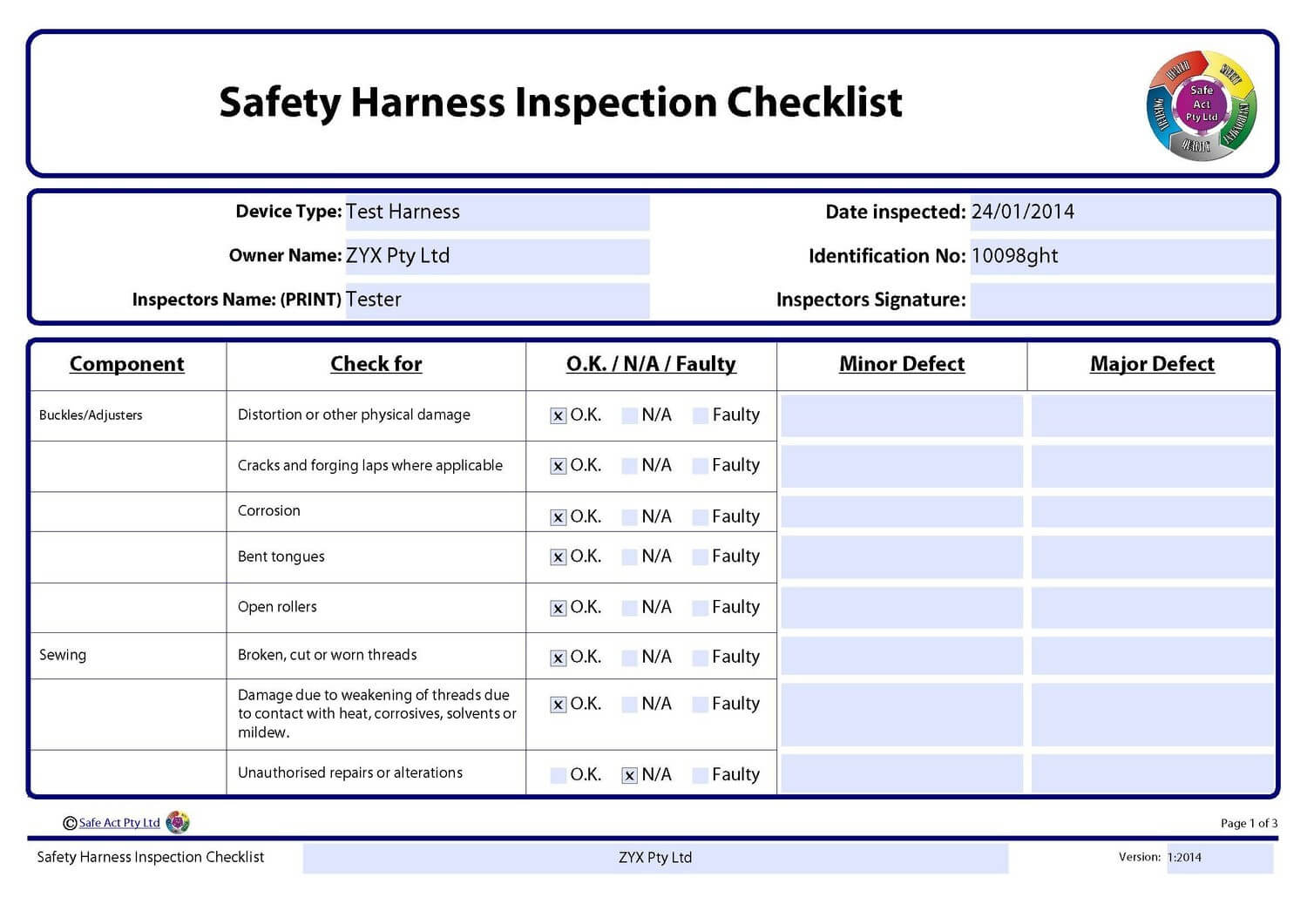 Safety Harness Inspection Checklist Within Certificate Of Inspection Template