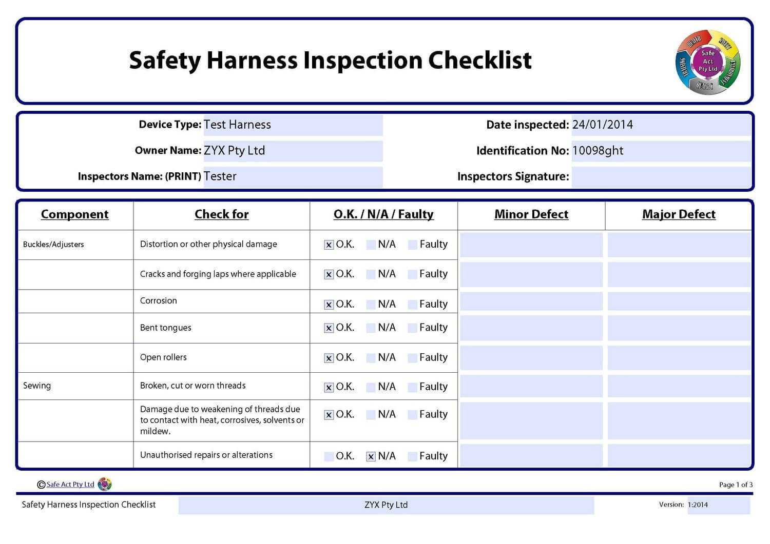 Safety Harness Inspection Checklist Within Certificate Of Inspection Template