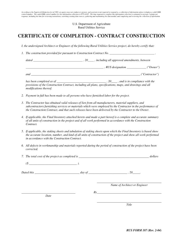 Sample Certificate Of Acceptance And Completion Usda Direct Pertaining To Jct Practical Completion Certificate Template