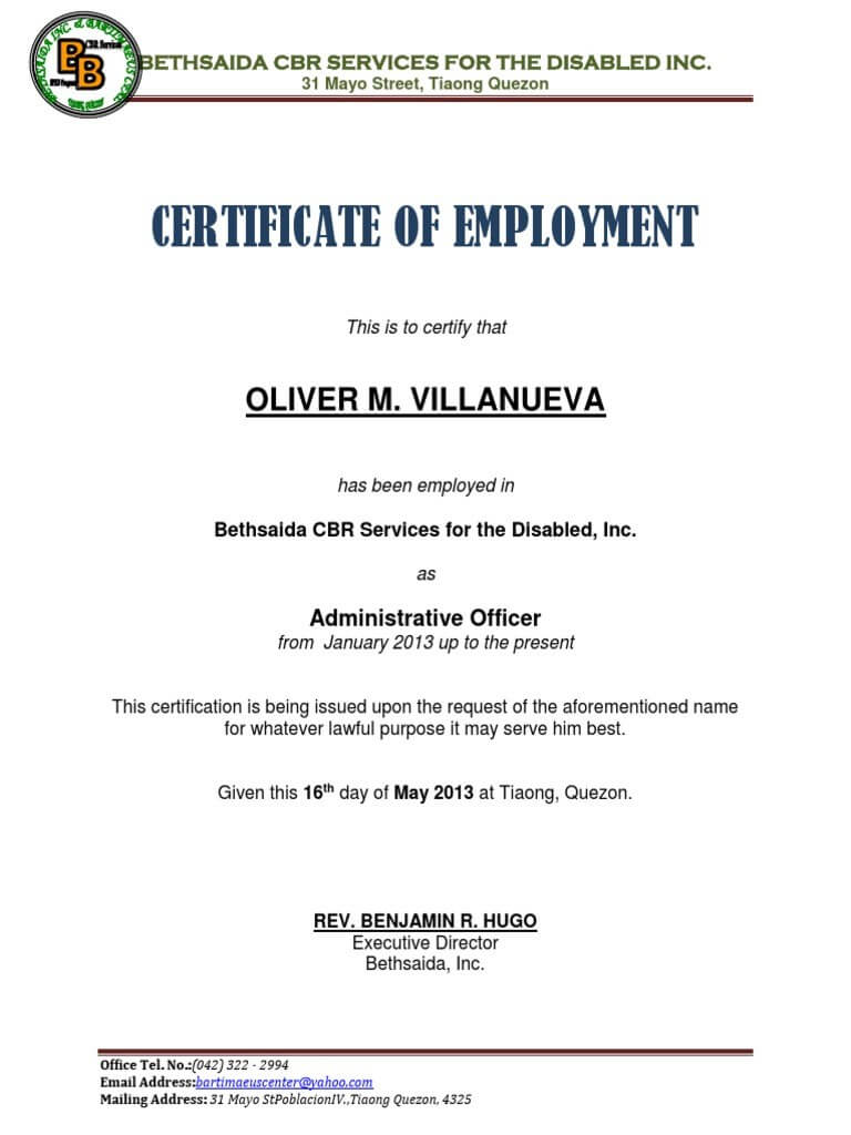 Sample Certificate Of Employment And Compensation New Intended For Employee Certificate Of Service Template