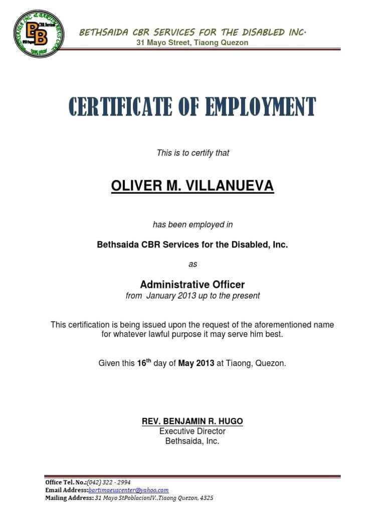 Sample Certificate Of Employment With Compensation In Certificate Of Employment Template