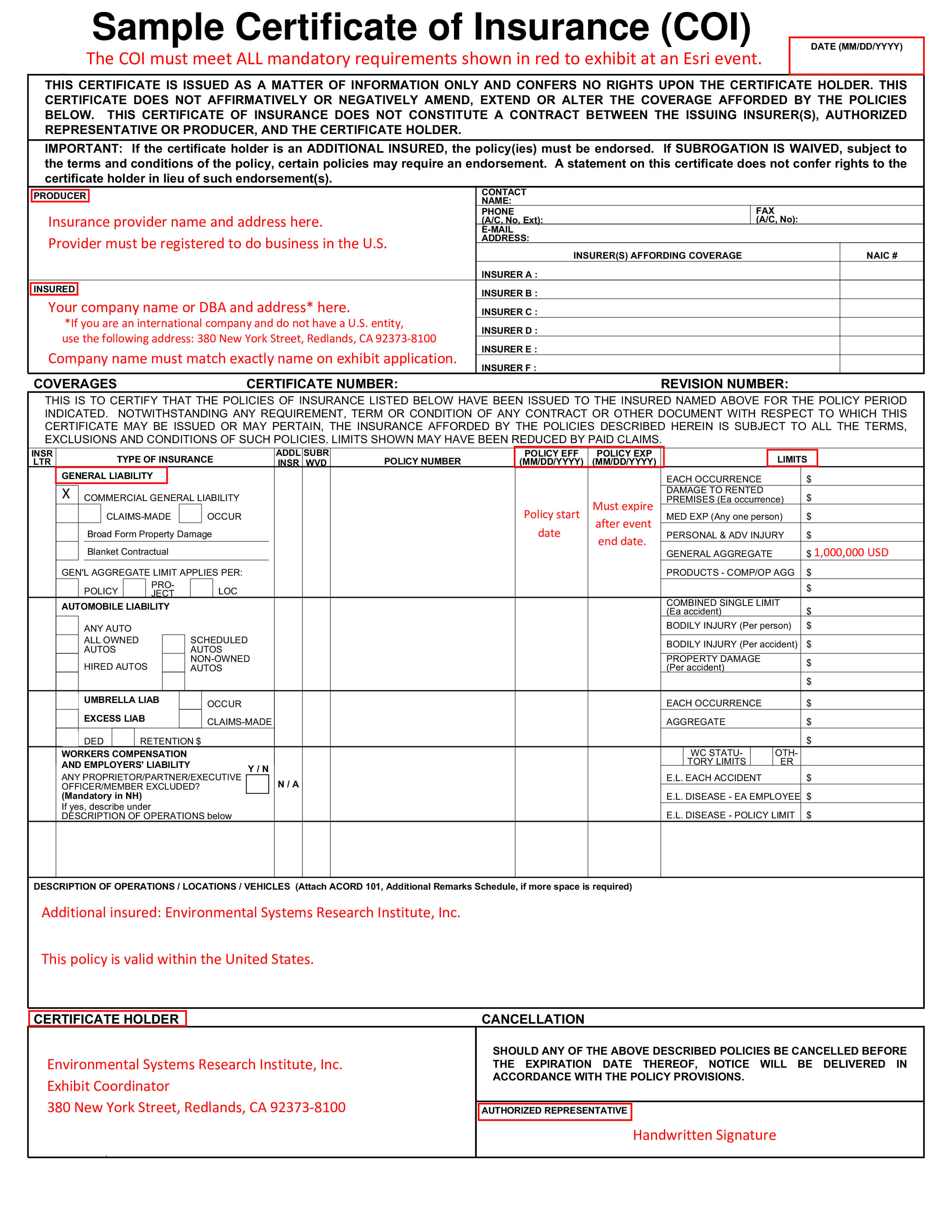 Sample Certificate Of Insurance (Coi) – Sample Certificate Throughout Certificate Of Insurance Template