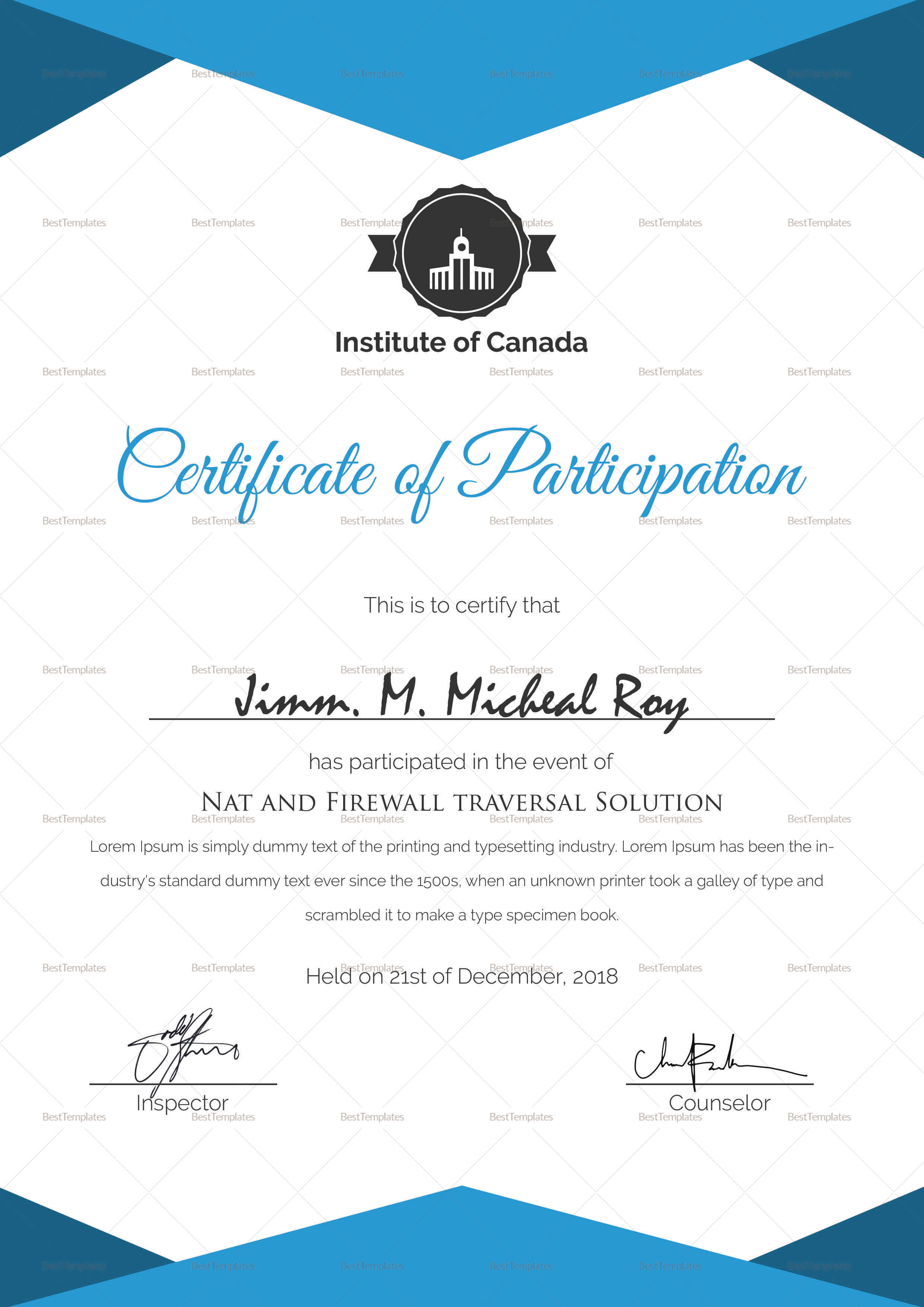 Sample Certificate Of Participation Template In Templates For Certificates Of Participation