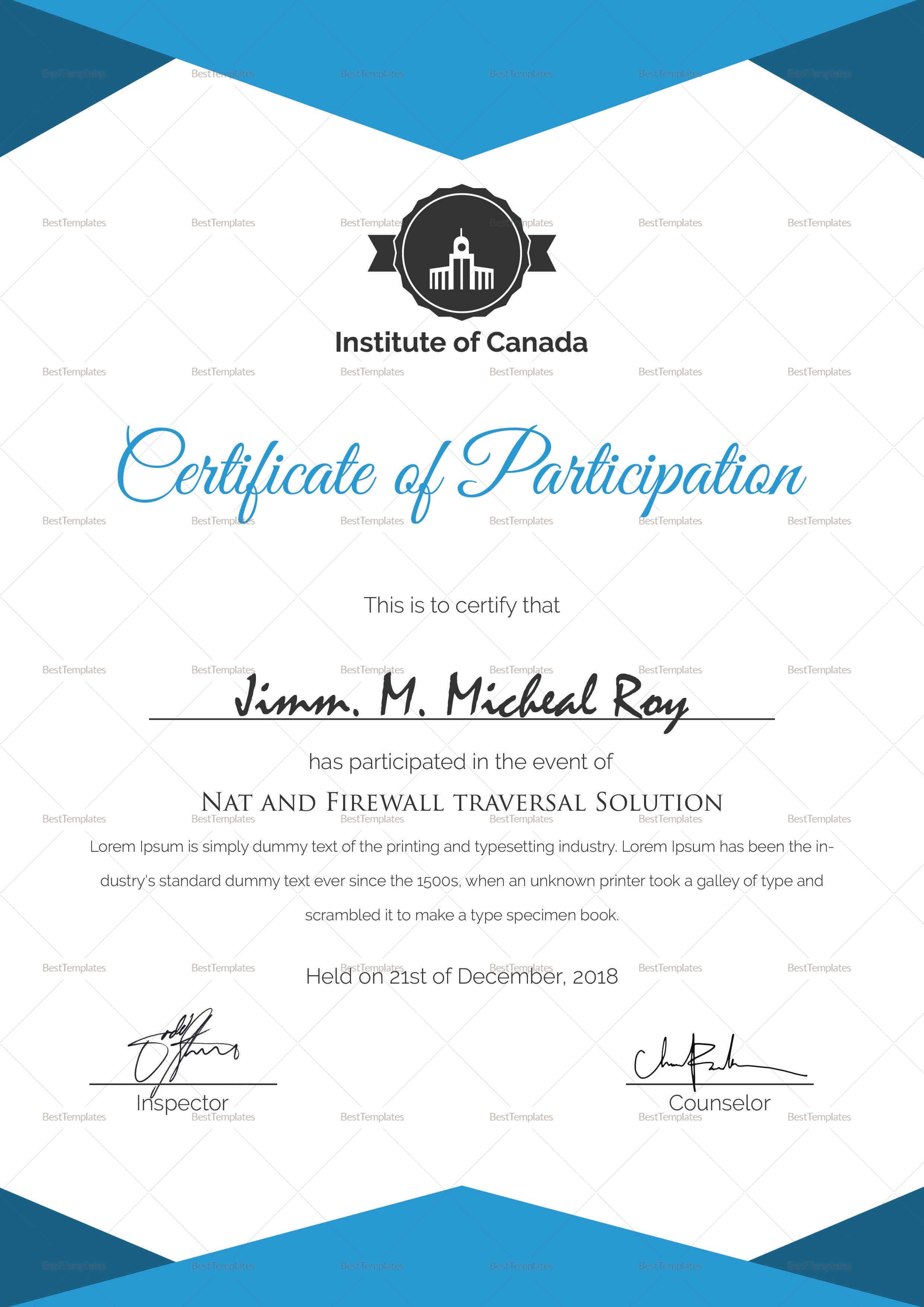 Sample Certificate Of Participation Template In Templates For Certificates Of Participation