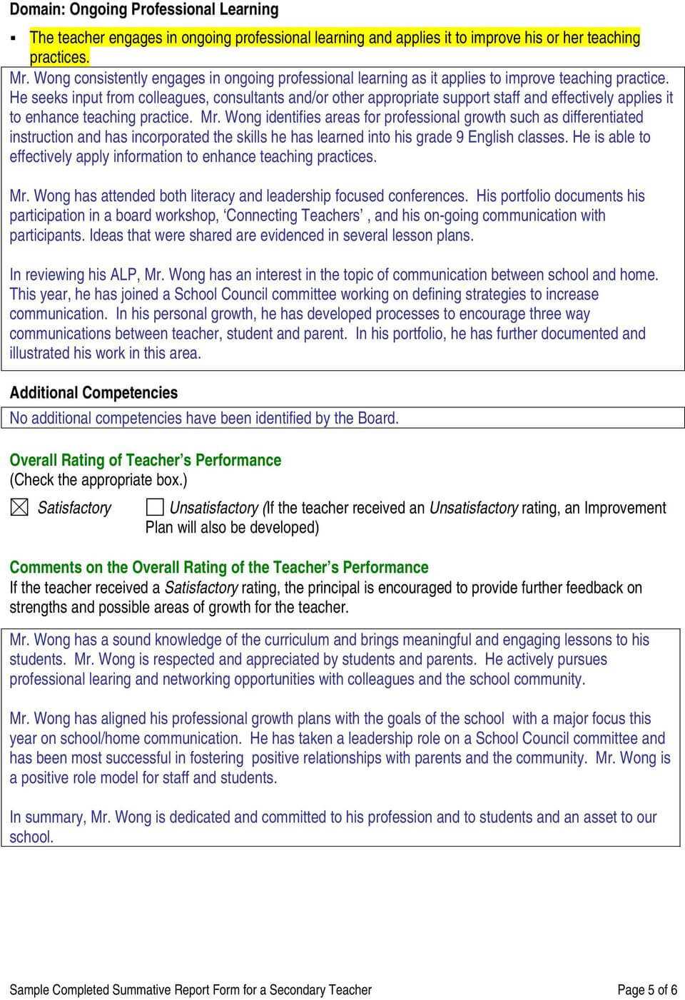 Sample Completed Summative Report Form For A Secondary In Pupil Report Template