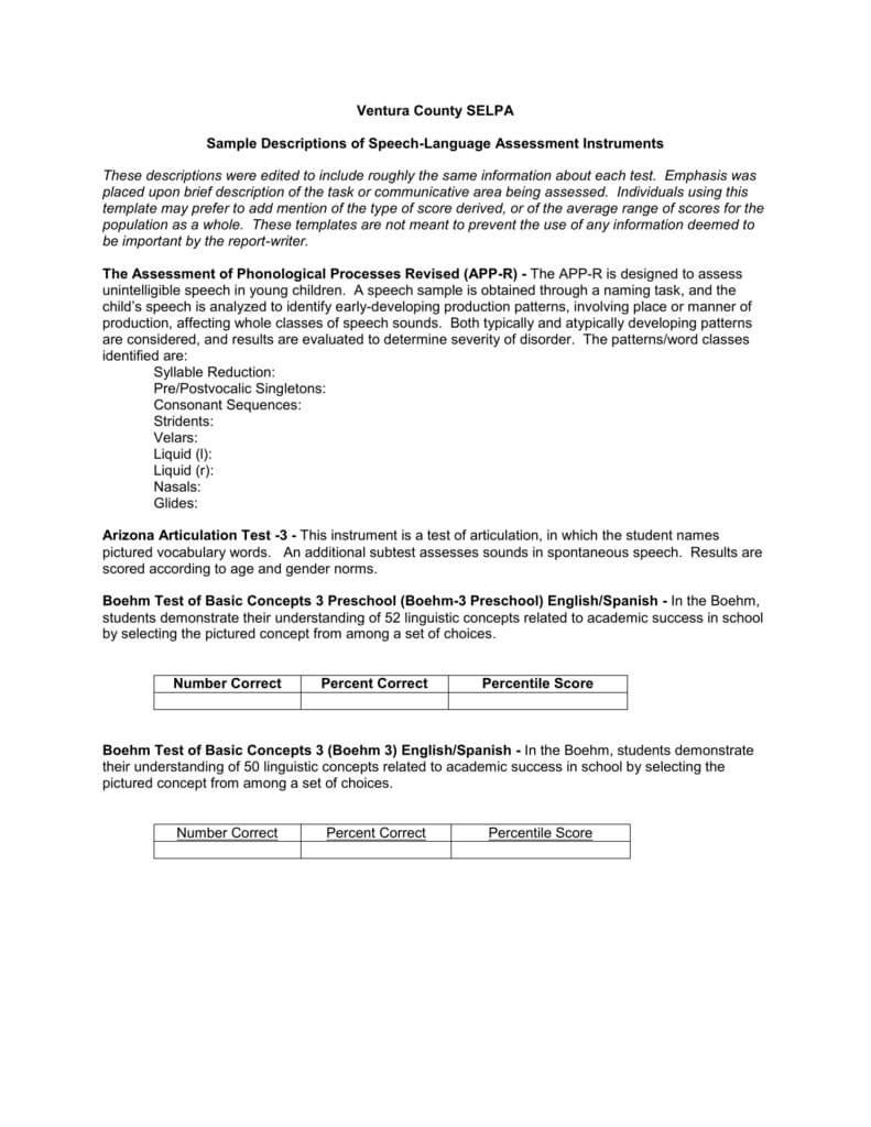 Sample Descriptions Of Speech Language Assessment Instruments Regarding Speech And Language Report Template