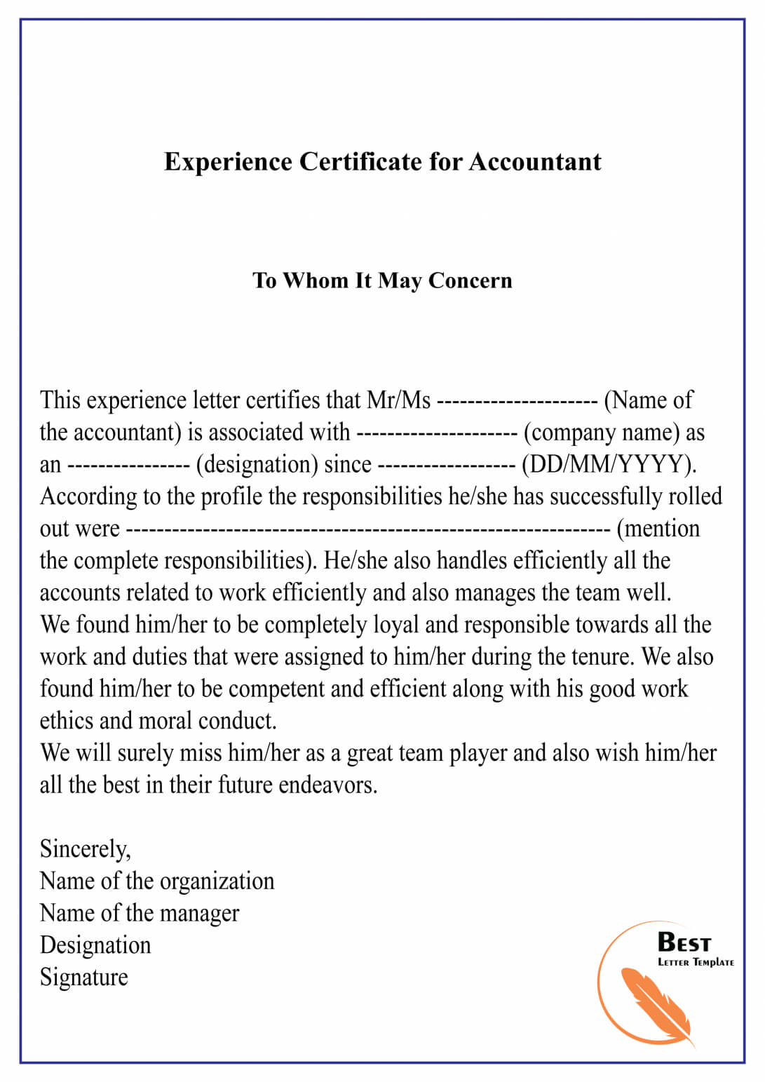 Sample Experience Certificate Format For Accountant 01 Best Regarding Certificate Of Experience Template