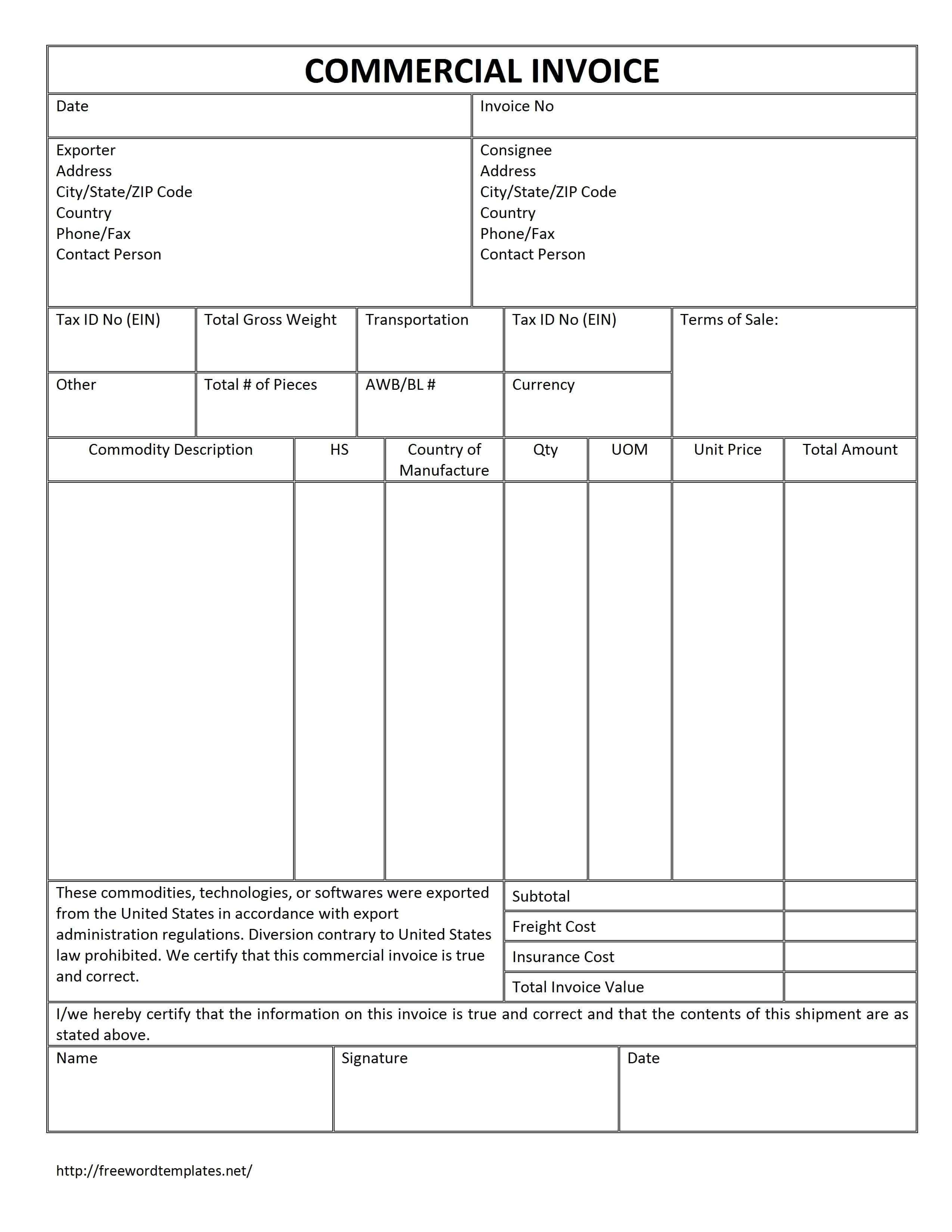 Sample Export Invoice Format Of Export Invoice In Excel In Commercial Invoice Template Word Doc