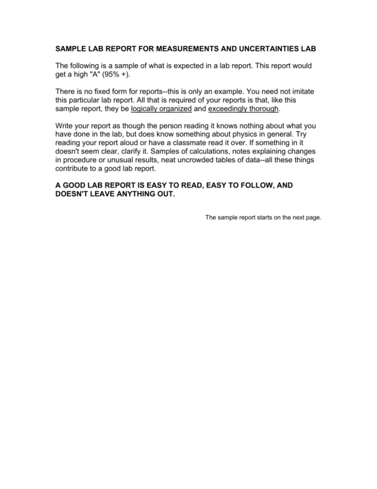 Sample Lab Report For Measurements And Uncertainties Lab Pertaining To