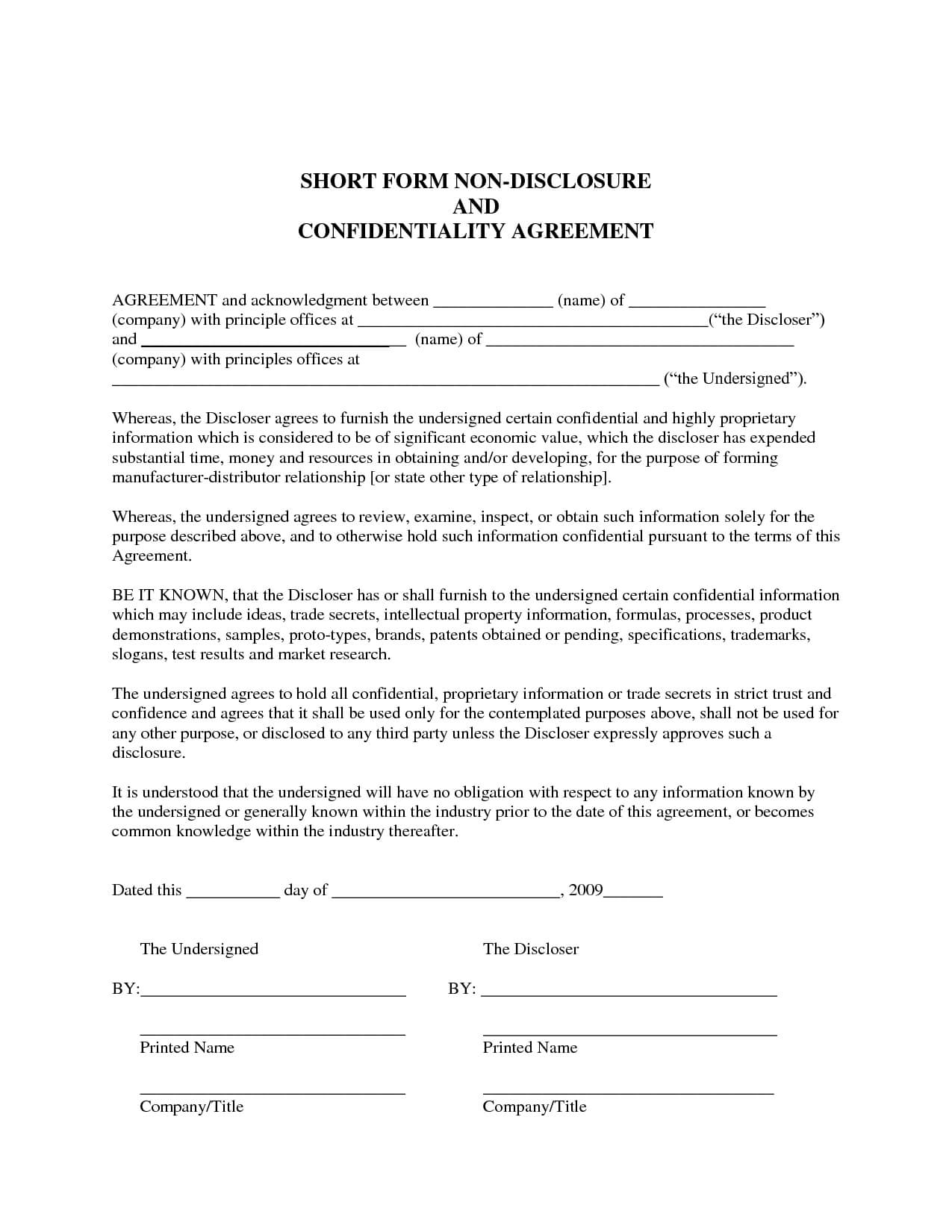 Sample Non Disclosure Agreement Confidentiality Agreement Intended 