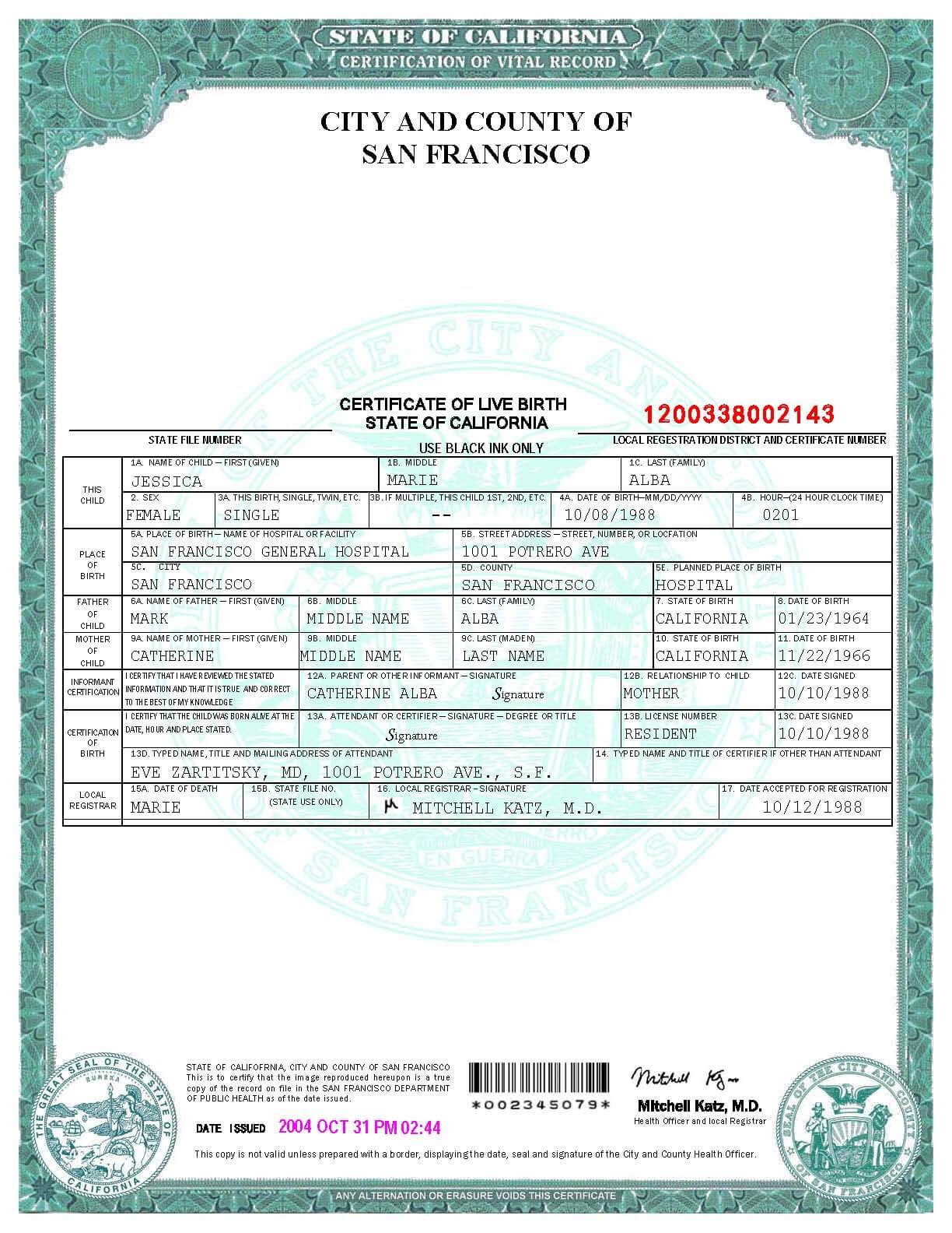 San Francisco Birth Certificate Template | Birth Certificate Inside Editable Birth Certificate Template