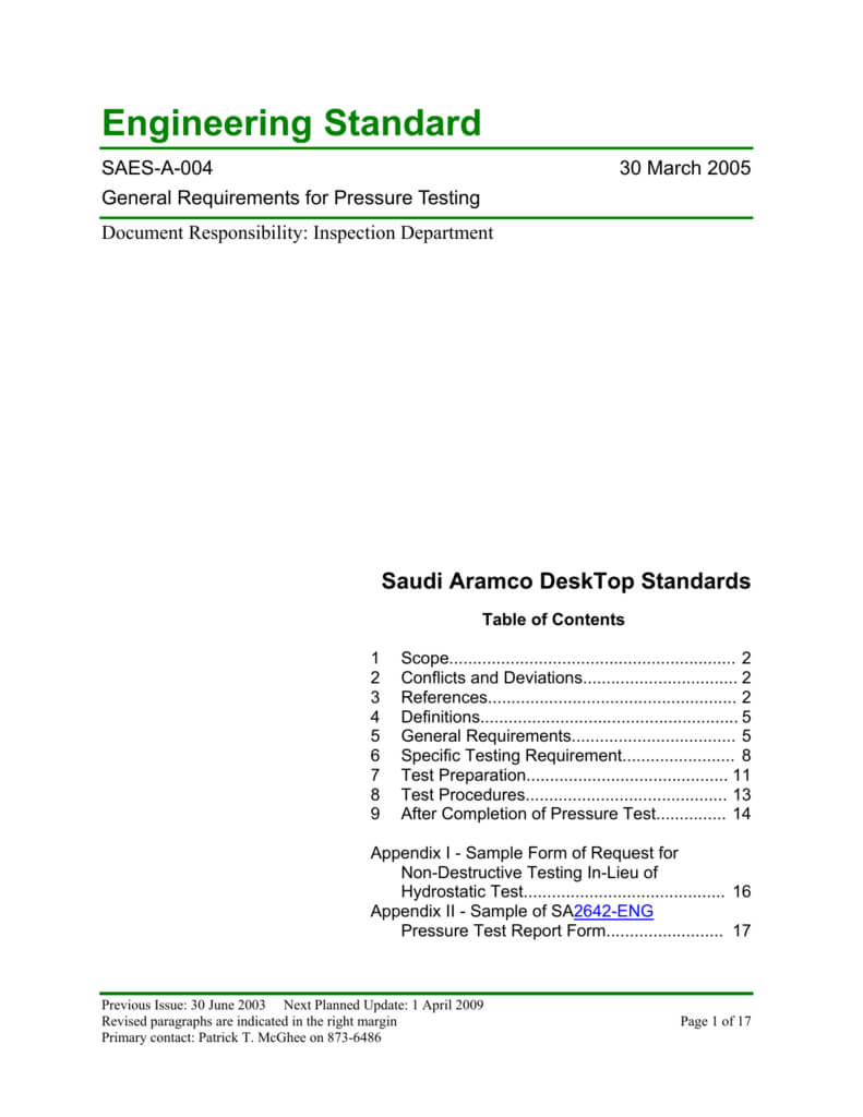 Saudi Aramco Engineering Standard In Hydrostatic Pressure Test Report Template