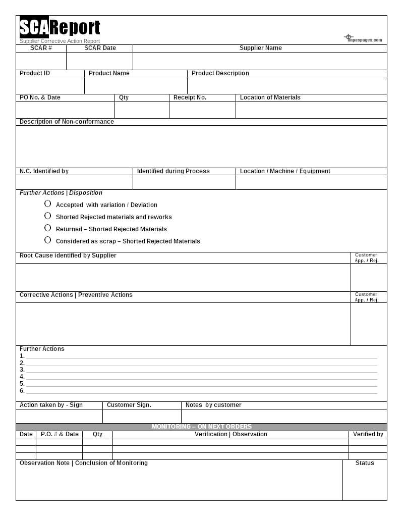 Scar (Supplier Corrective Action Report) – Capa – With Regard To Corrective Action Report Template