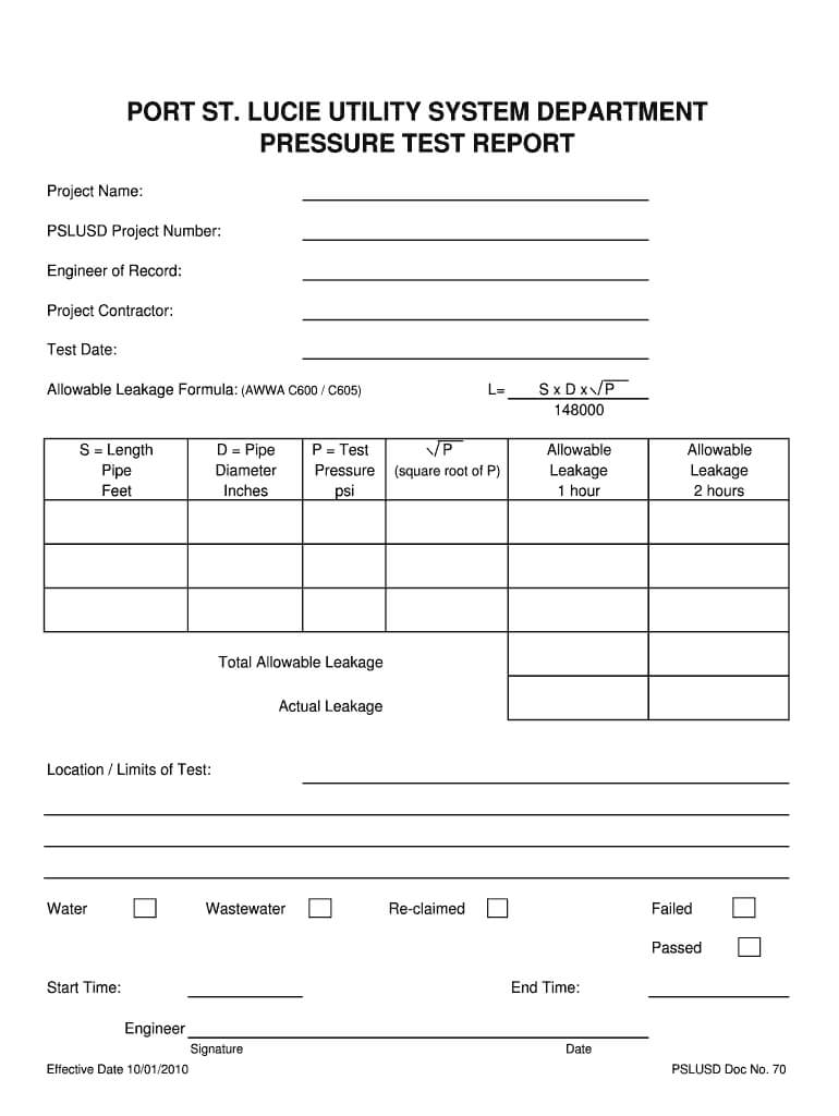 Sewe Line Pressure Test Form – Fill Online, Printable Pertaining To Hydrostatic Pressure Test Report Template