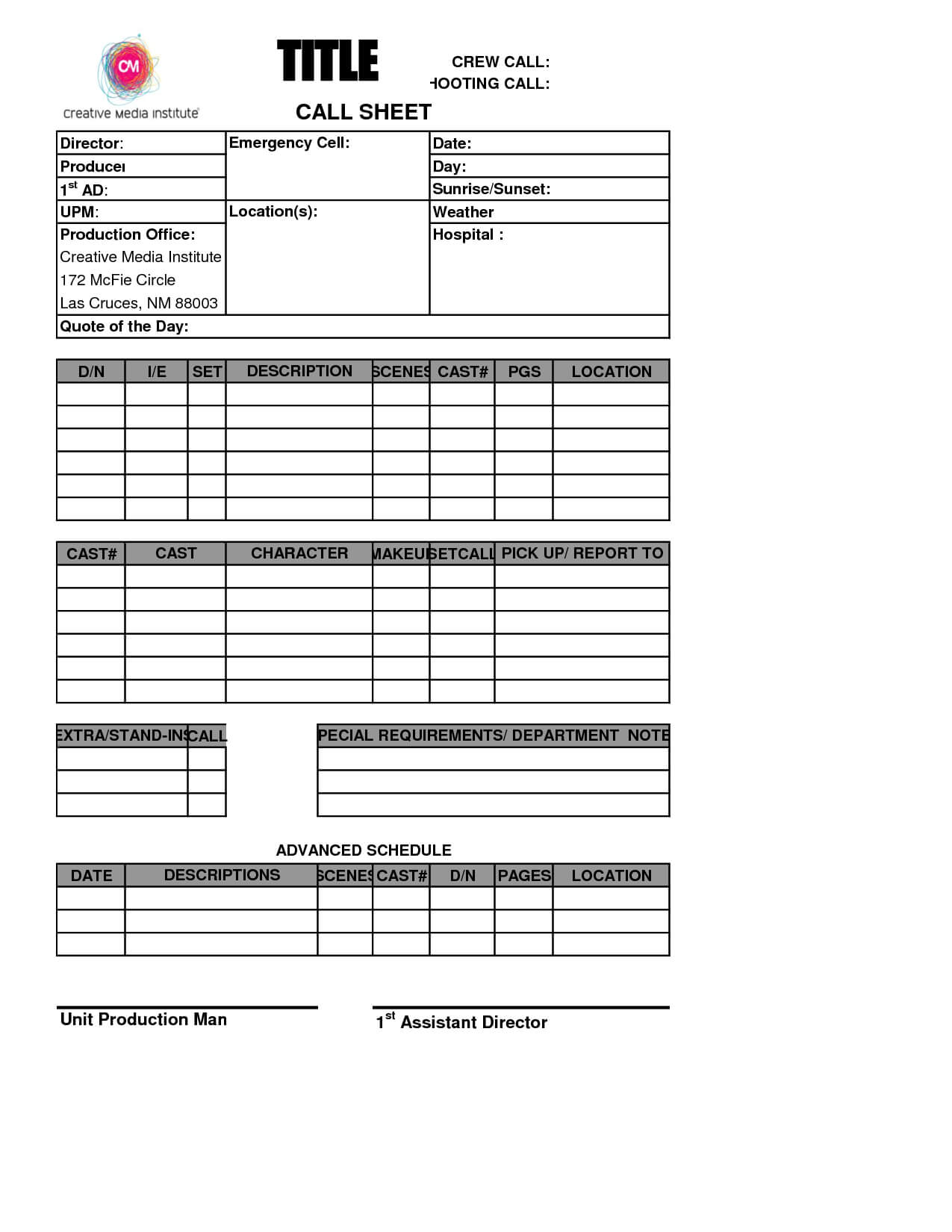 Simple And Easy To Use Call Sheet Template Sample : Venocor Intended For Blank Call Sheet Template