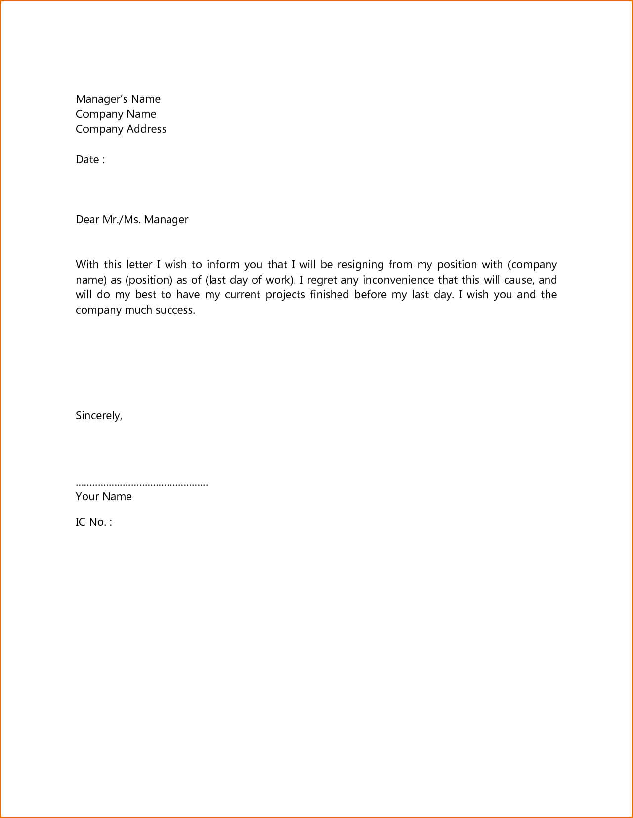 Simple Format Of Resignation Letter – Resume Layout 2017 Within 2 Weeks Notice Template Word