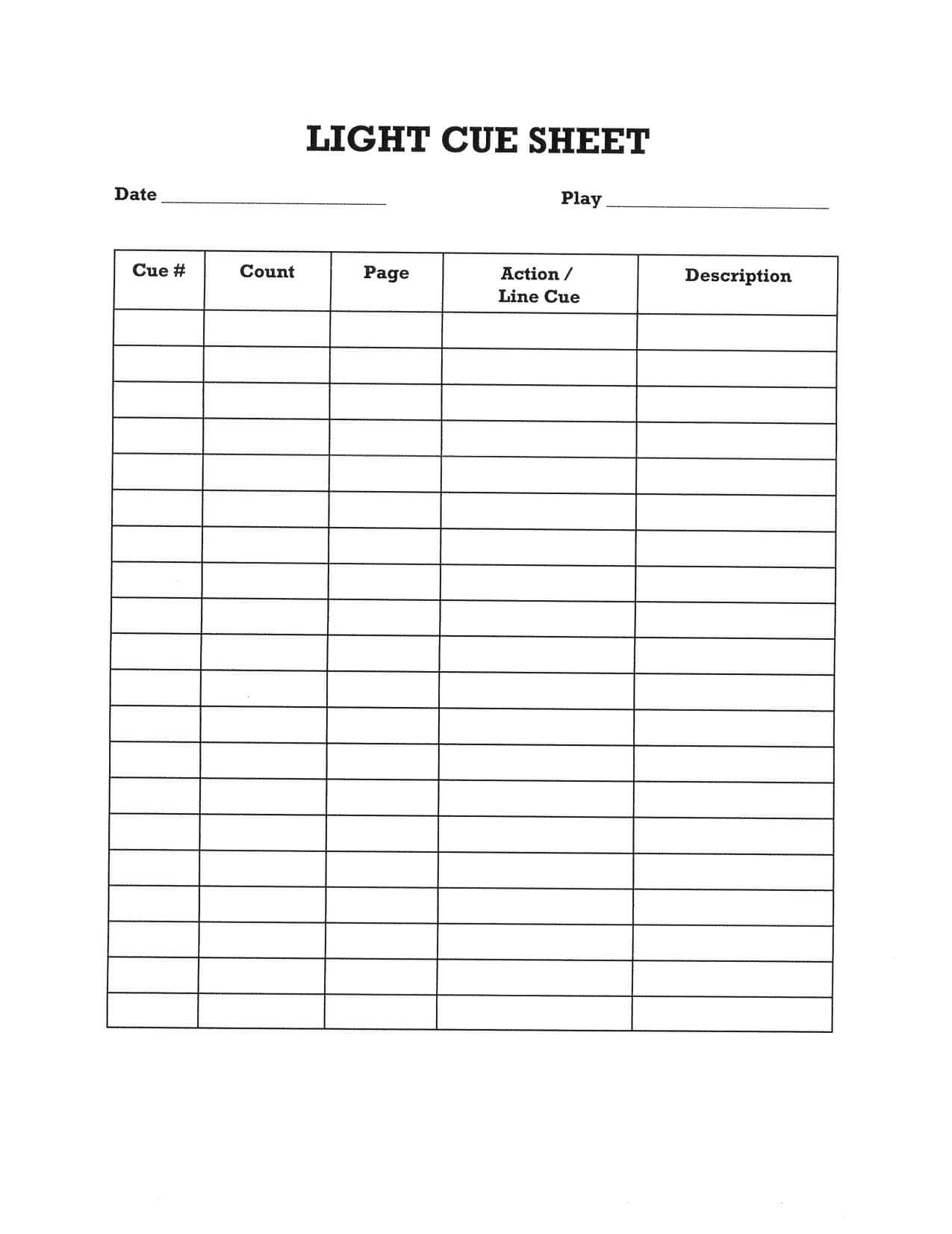 Simple Lighting Cue Sheet For Students. In 2019 | Cue Sheet Inside Queue Cards Template