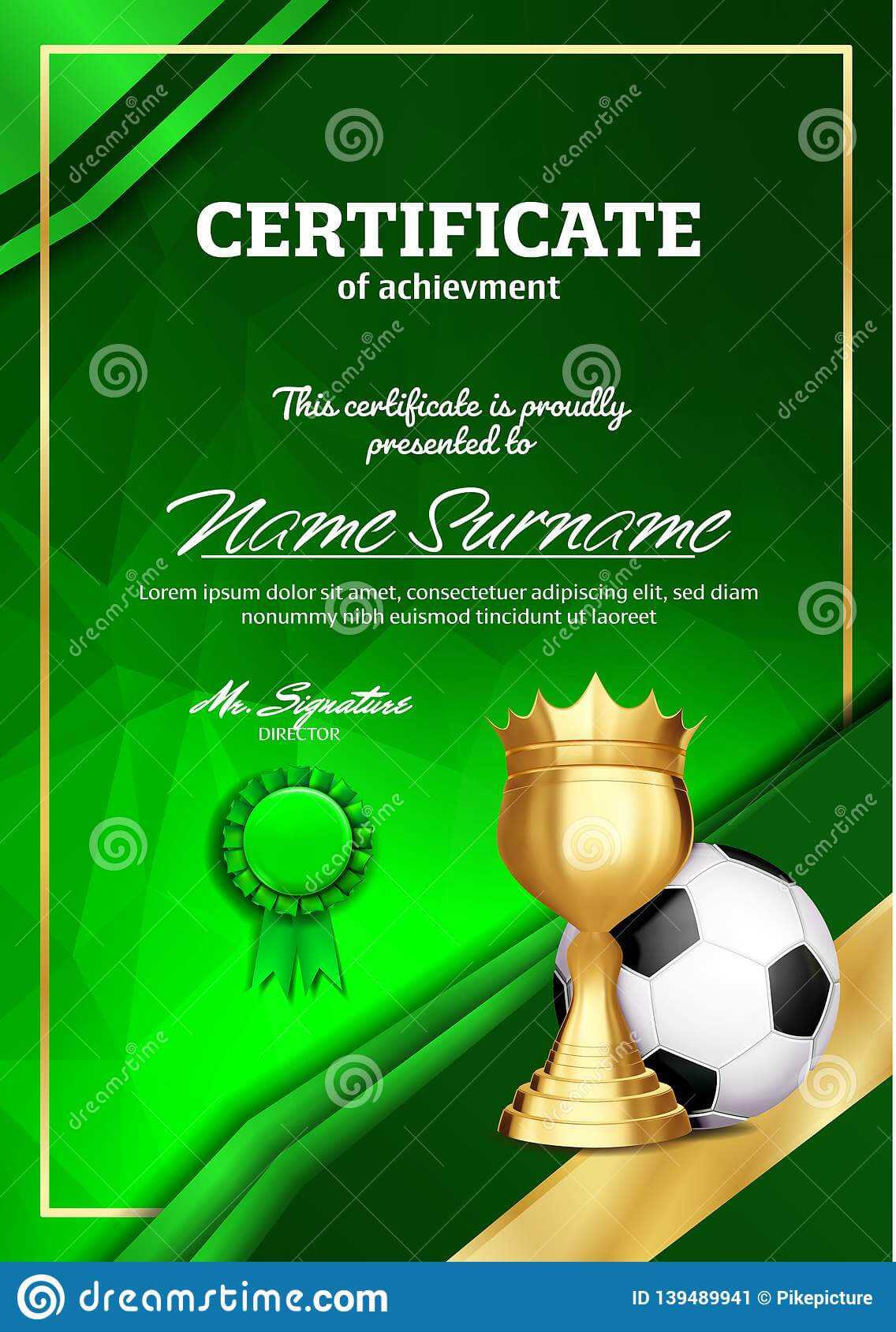 Soccer Certificate Diploma With Golden Cup Vector. Football In Soccer Certificate Template Free