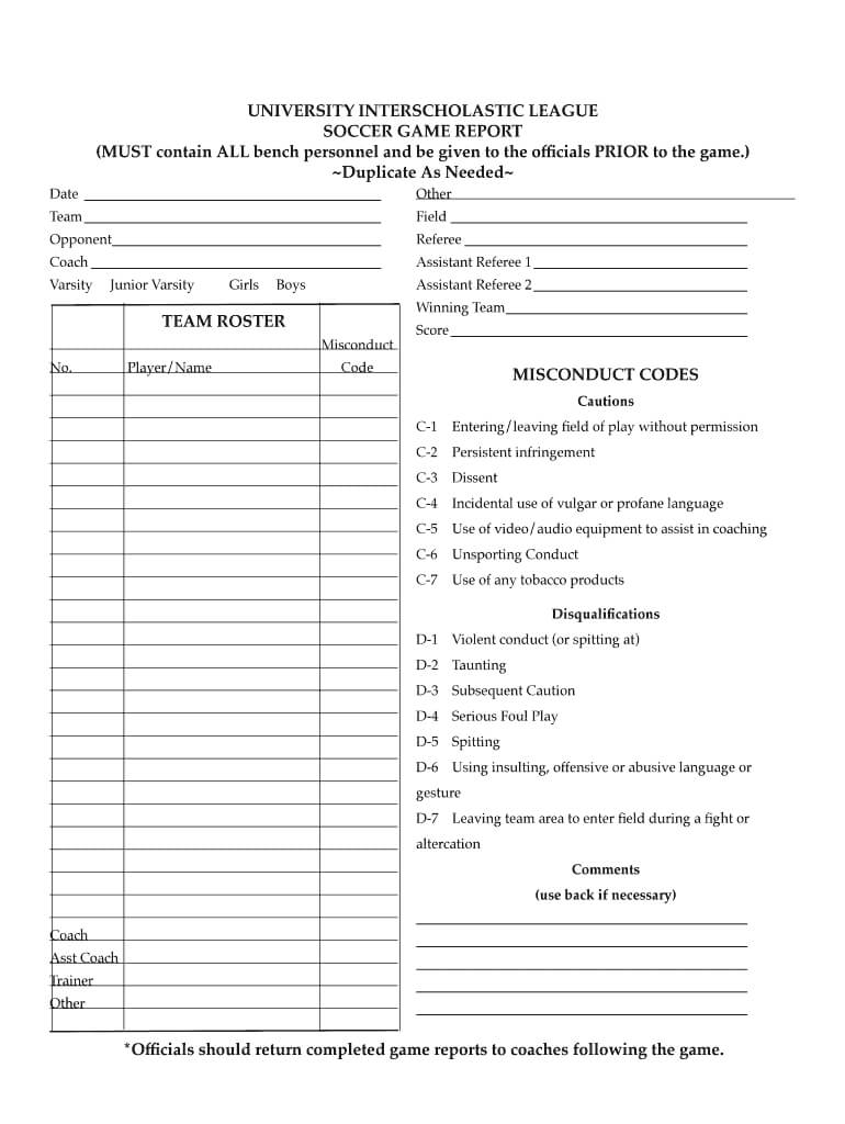 Soccer Game Report Template – Fill Online, Printable For Soccer Report Card Template