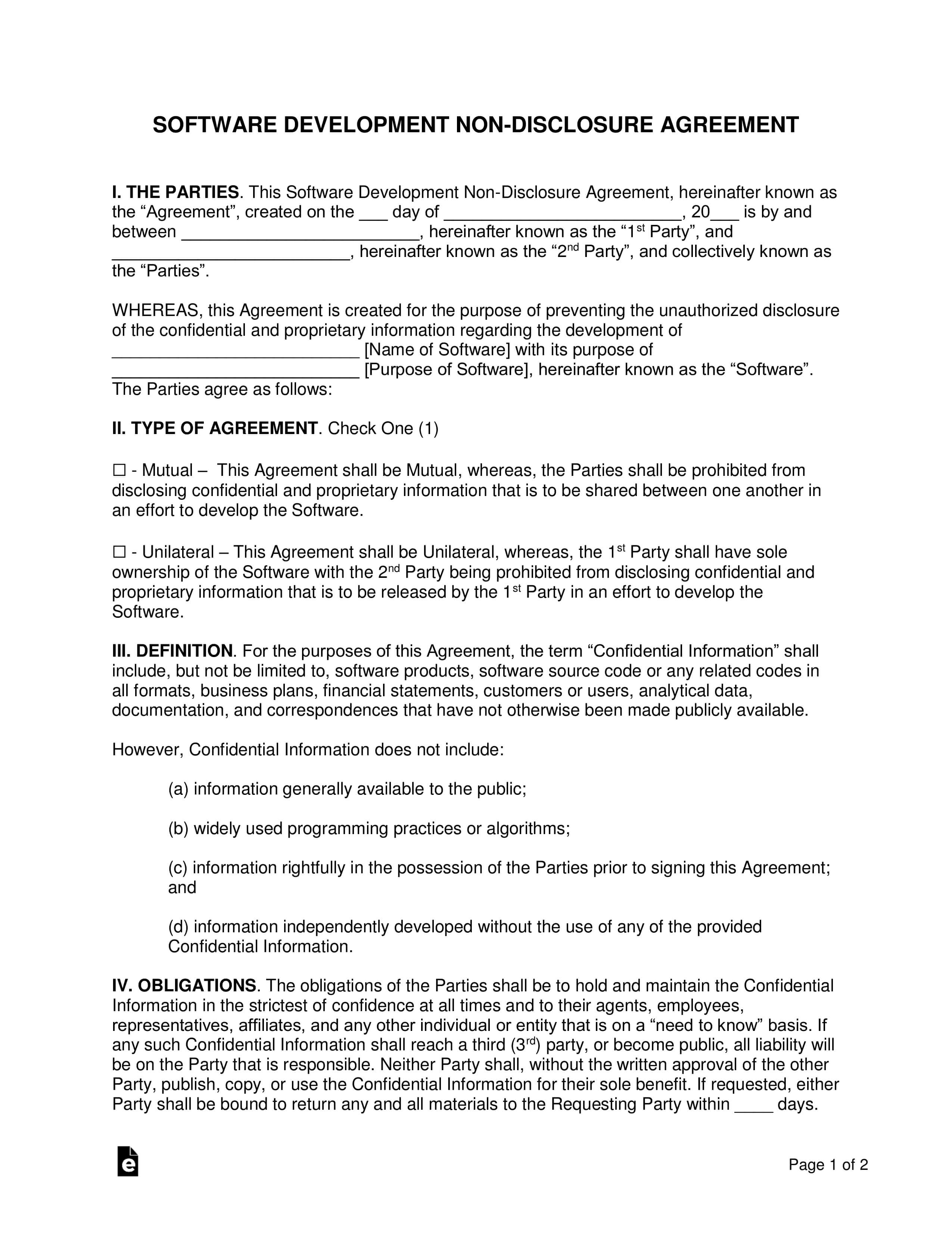 Software Development Non Disclosure Agreement (Nda) Template Intended For Nda Template Word Document