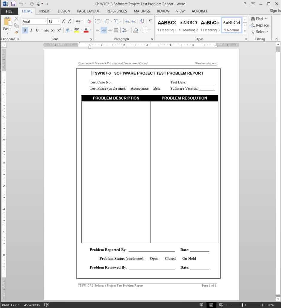 Software Project Test Problem Report Template | Itsw107 3 For Test Result Report Template