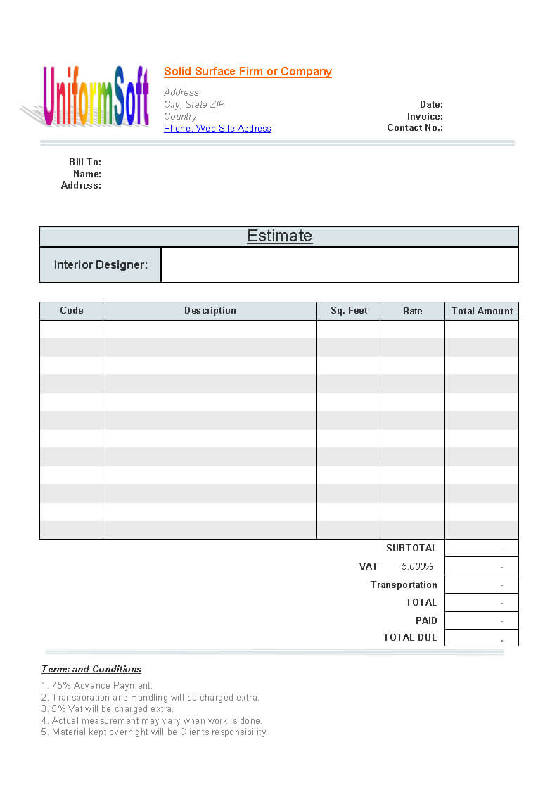 Solid Surface Firm Estimate Form – Invoice Manager For Excel In Blank Estimate Form Template